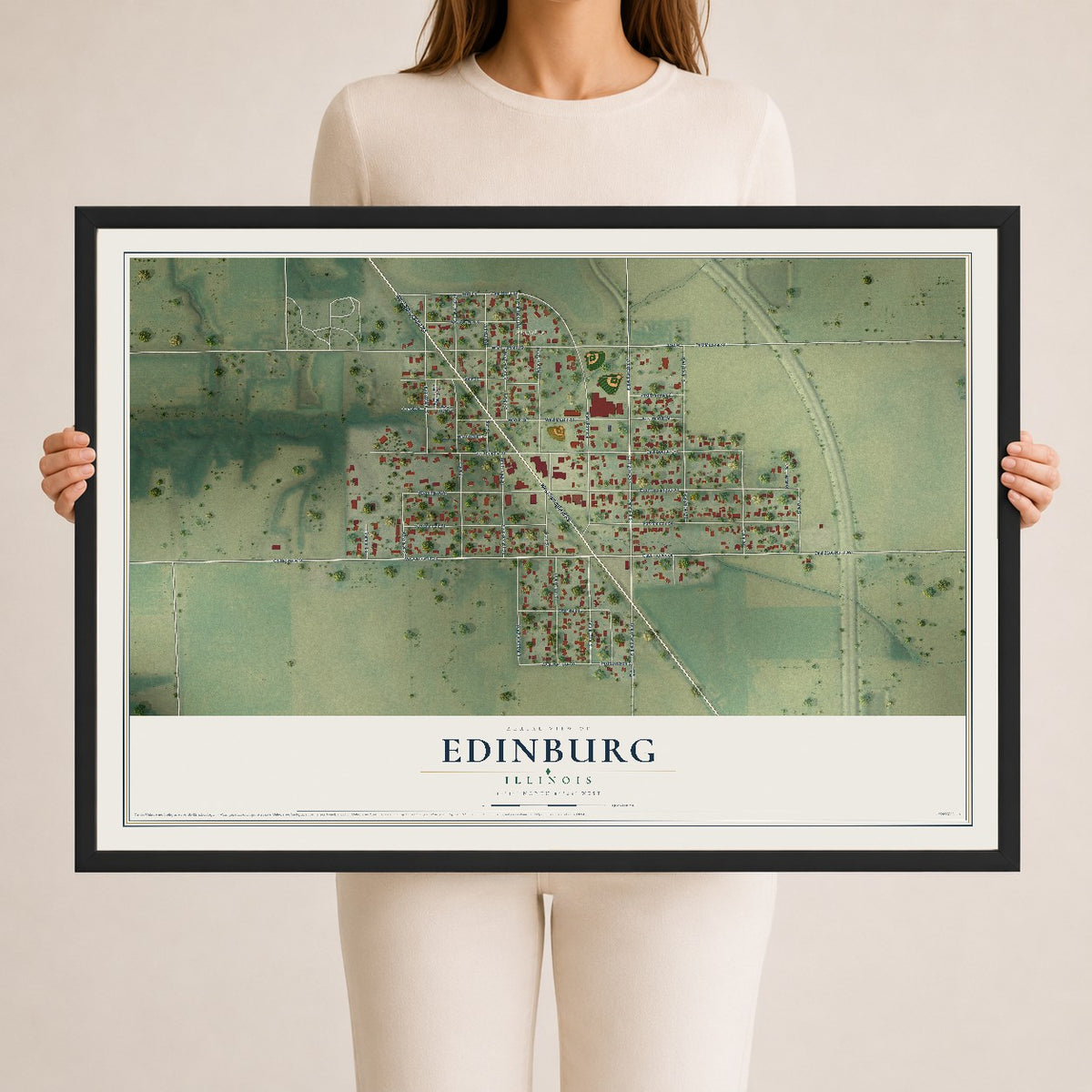 Map of Edinburg, Illinois, 24 x 36 inch print in a black wood frame