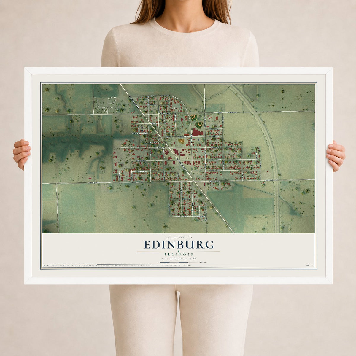 Map of Edinburg, Illinois, 24 x 36 inch print in a white wood frame