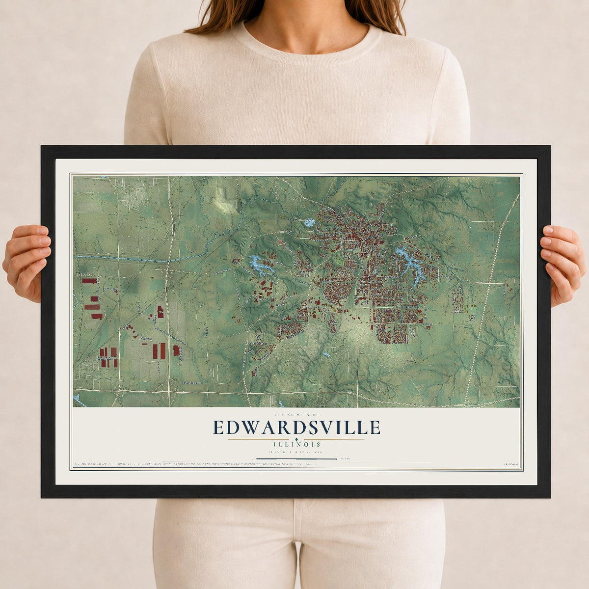Map of Edwardsville, Illinois, 12 x 18 inch print in a black wood frame