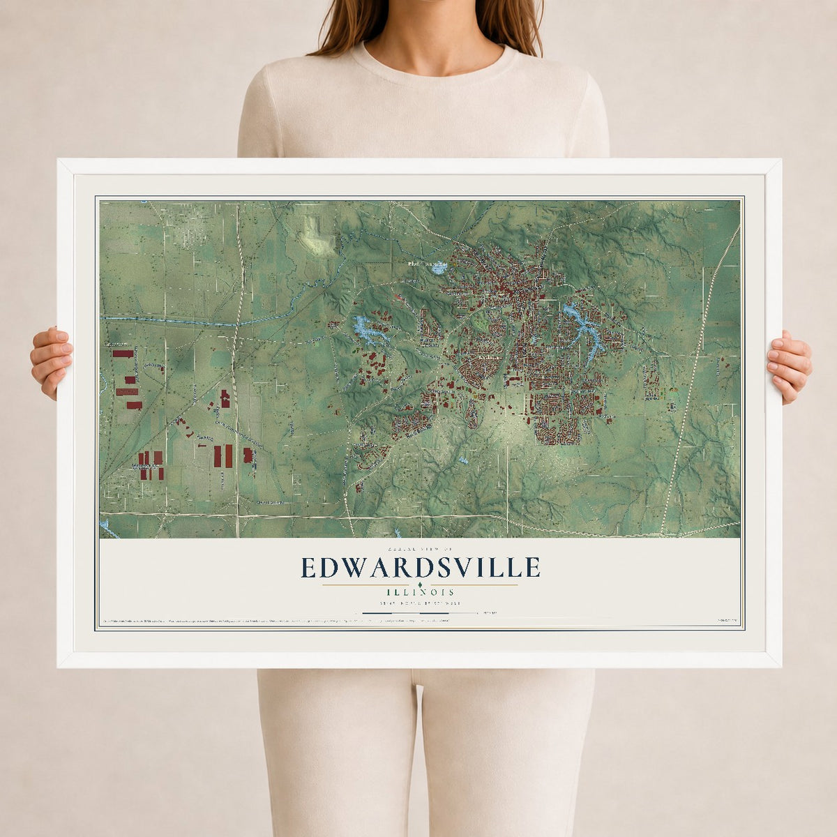 Map of Edwardsville, Illinois, 24 x 36 inch print in a white wood frame