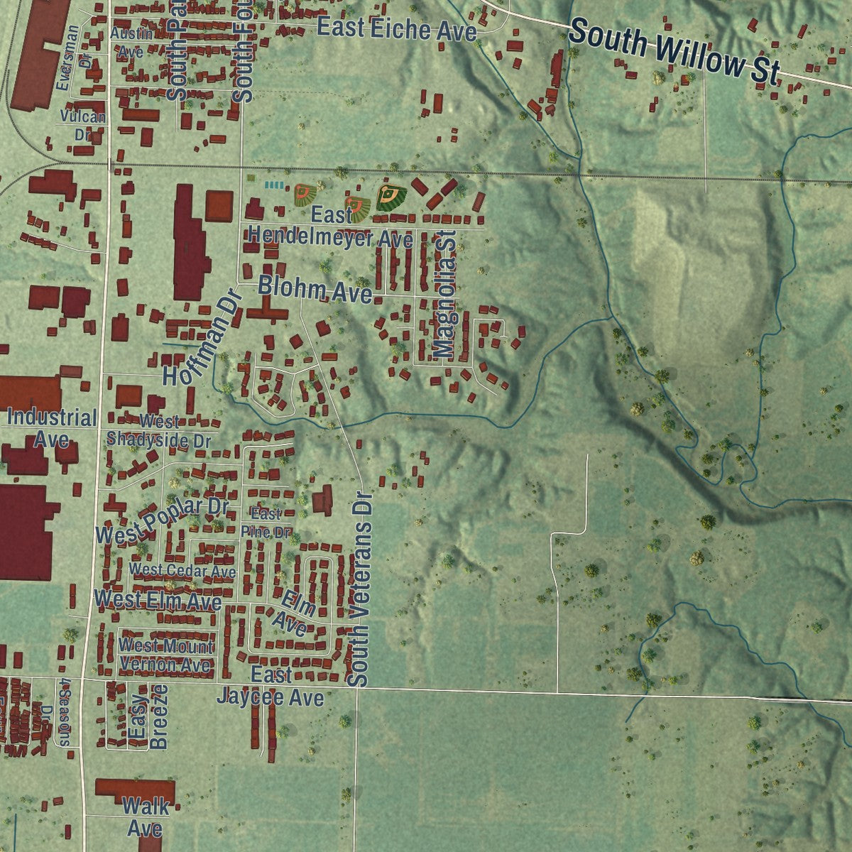 Second close-up of the map of Effingham, Illinois print showing more streets and buildings