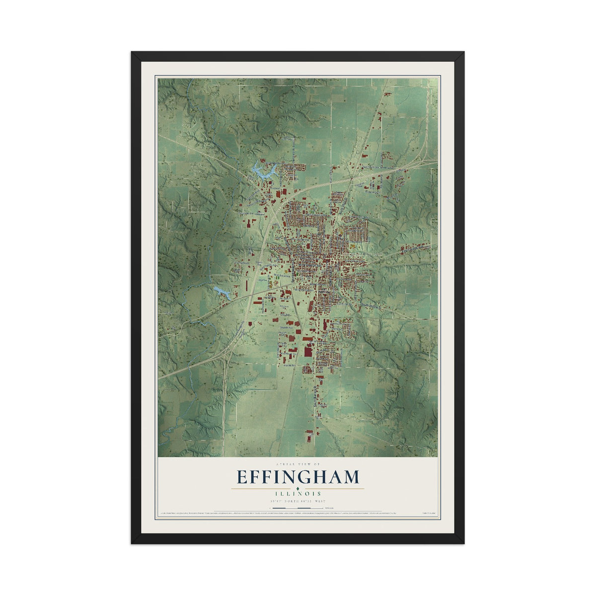 Map of Effingham, Illinois, 12 x 18 inch print in a black wood frame