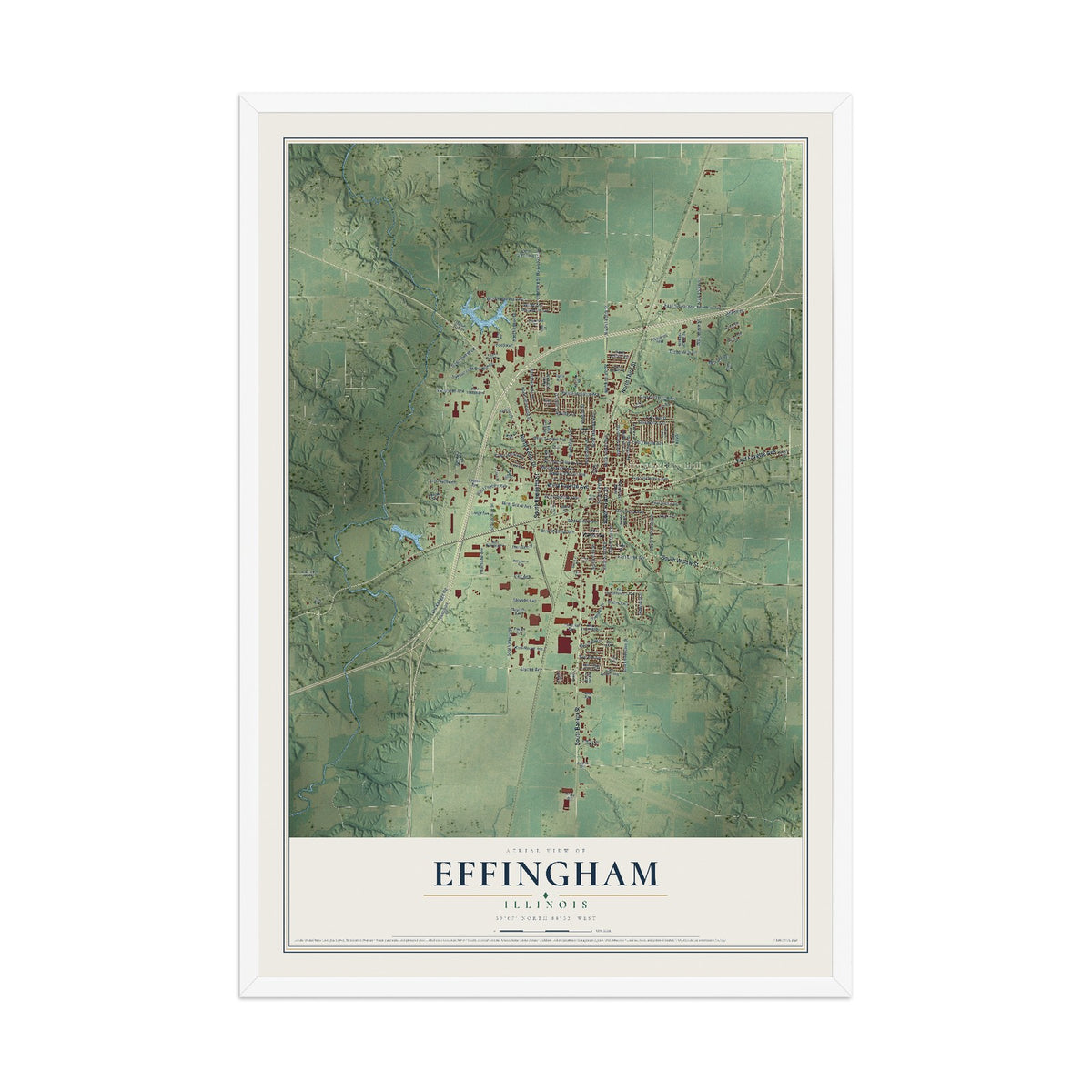 Map of Effingham, Illinois, 12 x 18 inch print in a white wood frame