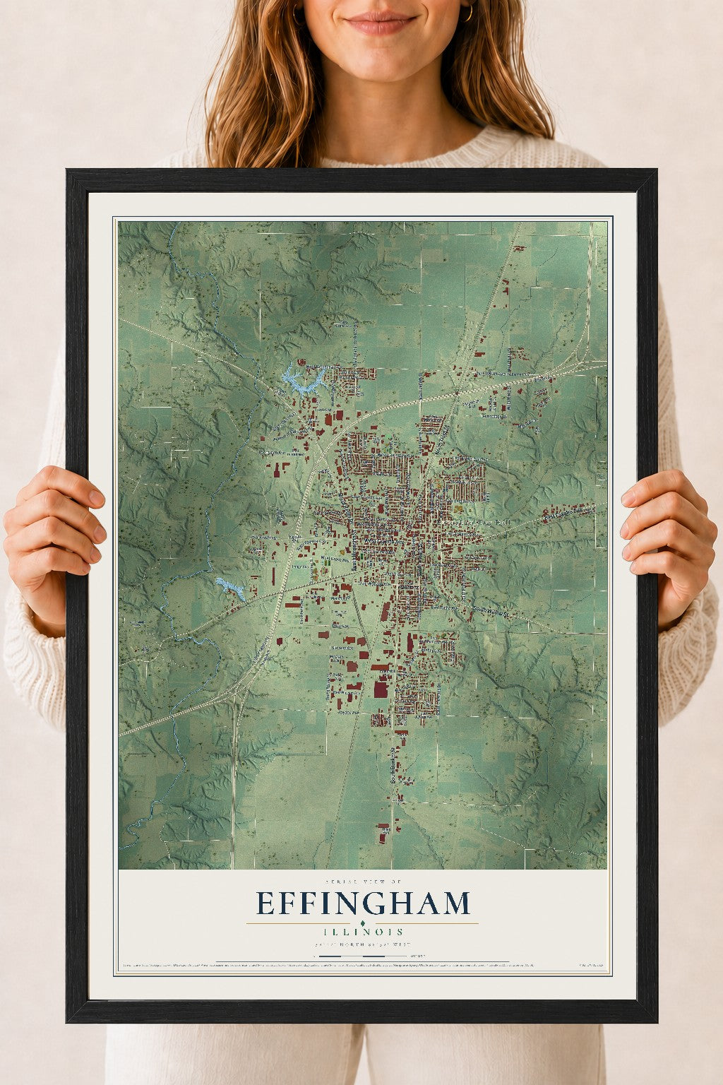 Map of Effingham, Illinois, 18 x 24 inch print in a black wood frame