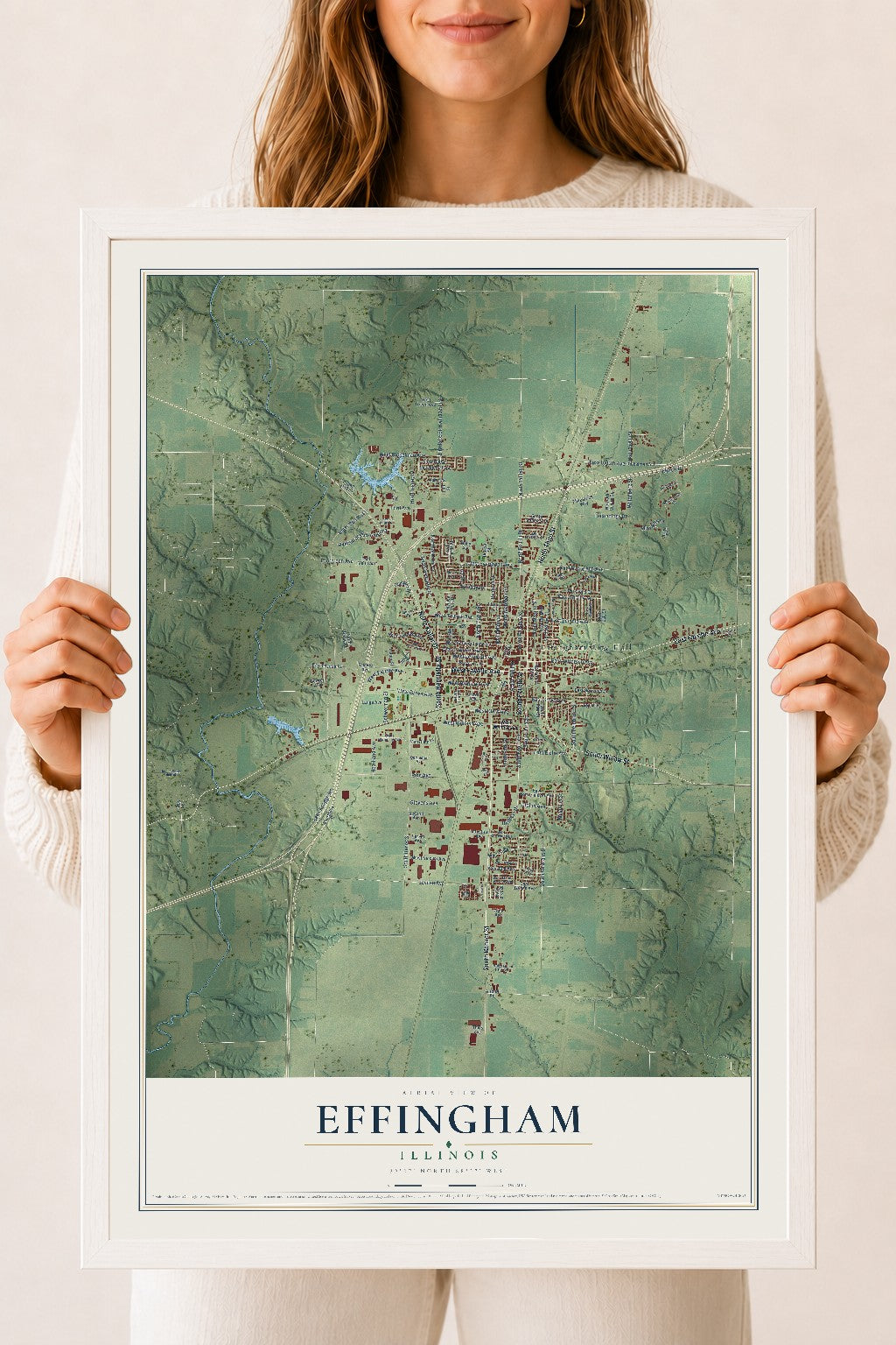 Map of Effingham, Illinois, 18 x 24 inch print in a white wood frame