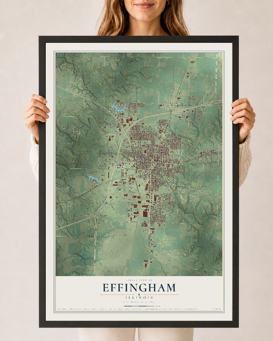 Map of Effingham, Illinois, 24 x 36 inch print in a black wood frame