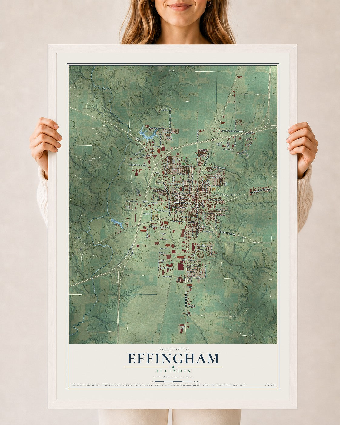 Map of Effingham, Illinois, 24 x 36 inch print in a white wood frame