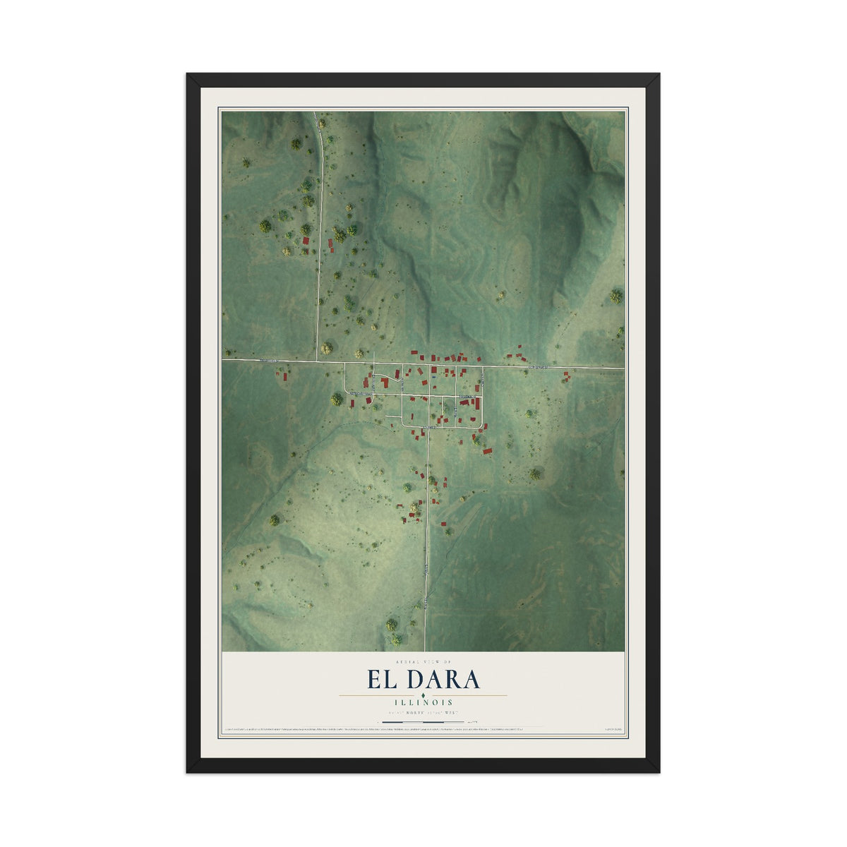 Map of El Dara, Illinois, 12 x 18 inch print in a black wood frame