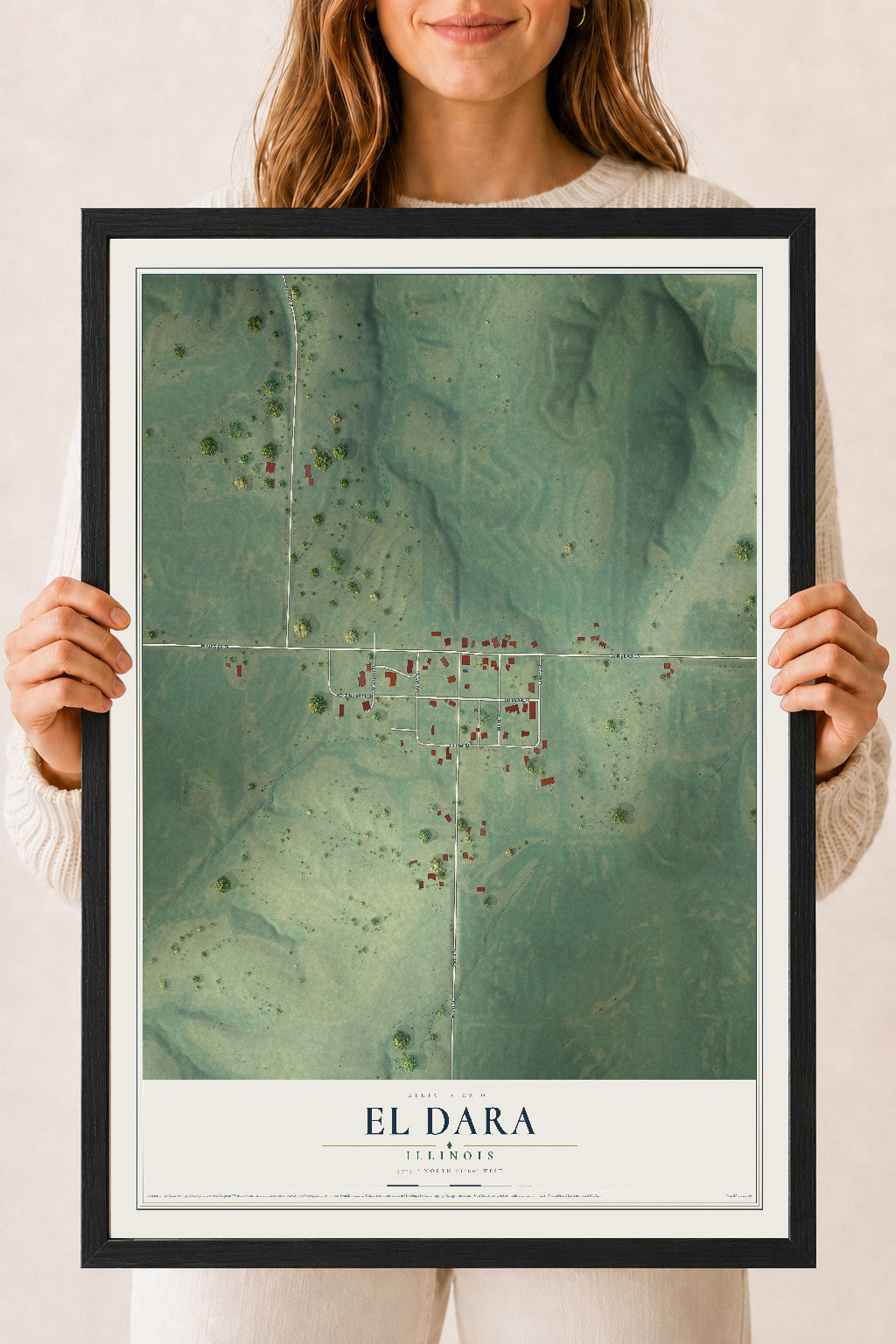 Map of El Dara, Illinois, 18 x 24 inch print in a black wood frame