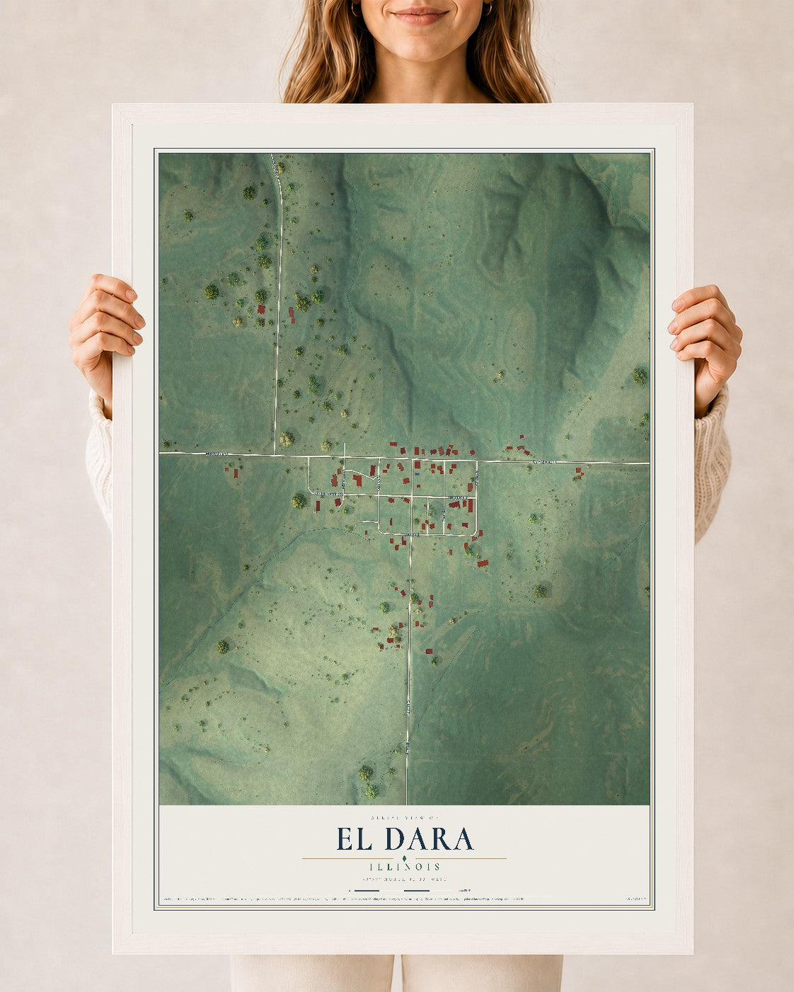 Map of El Dara, Illinois, 24 x 36 inch print in a white wood frame