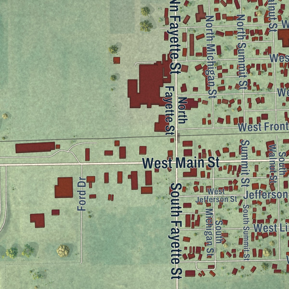 Second close-up of the map of El Paso, Illinois print showing more streets and buildings