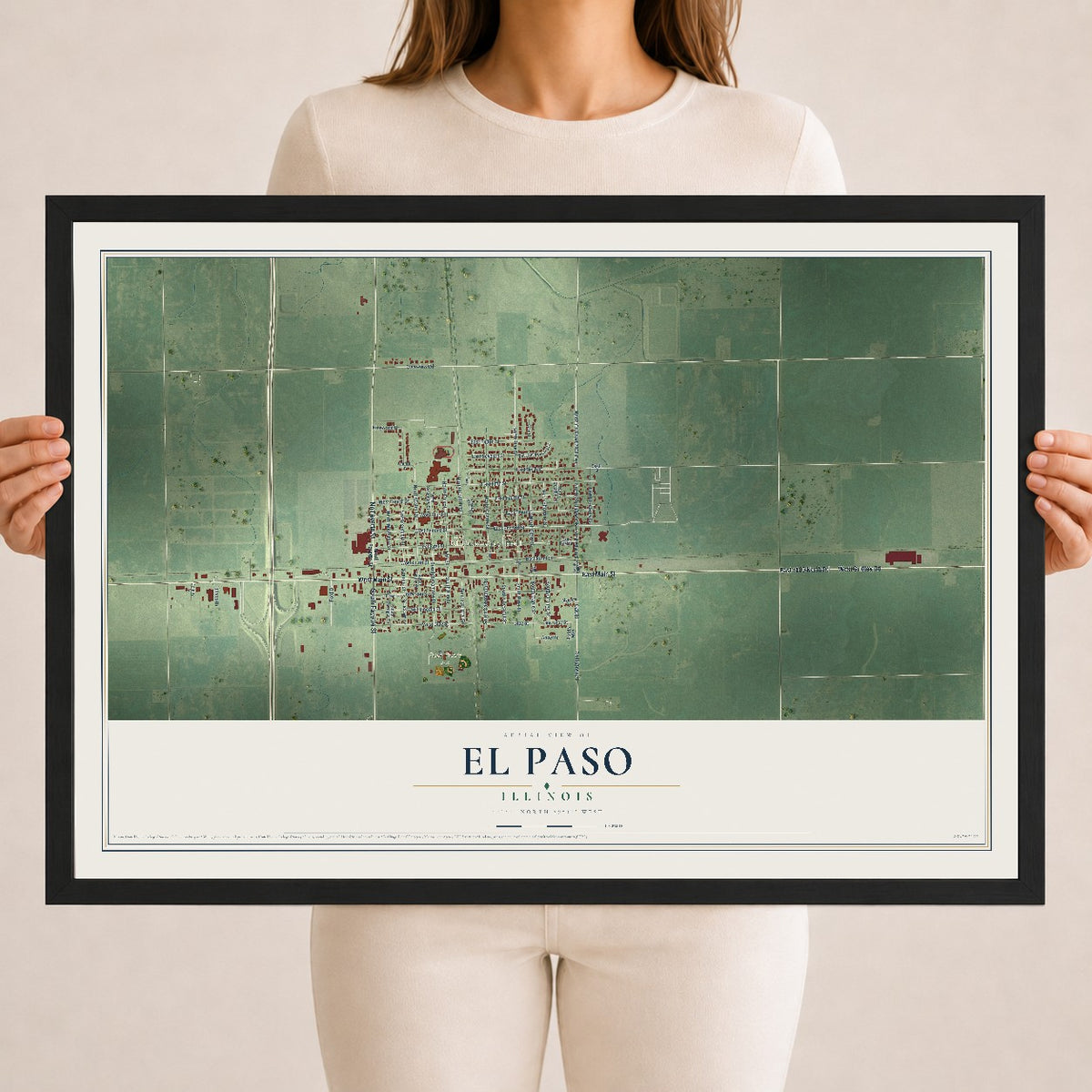 Map of El Paso, Illinois, 18 x 24 inch print in a black wood frame