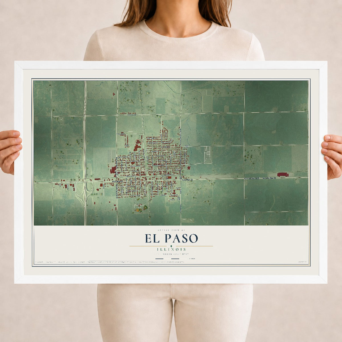 Map of El Paso, Illinois, 18 x 24 inch print in a white wood frame
