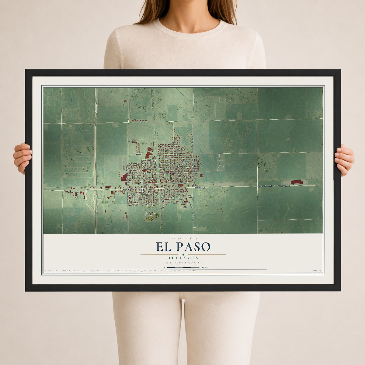Map of El Paso, Illinois, 24 x 36 inch print in a black wood frame