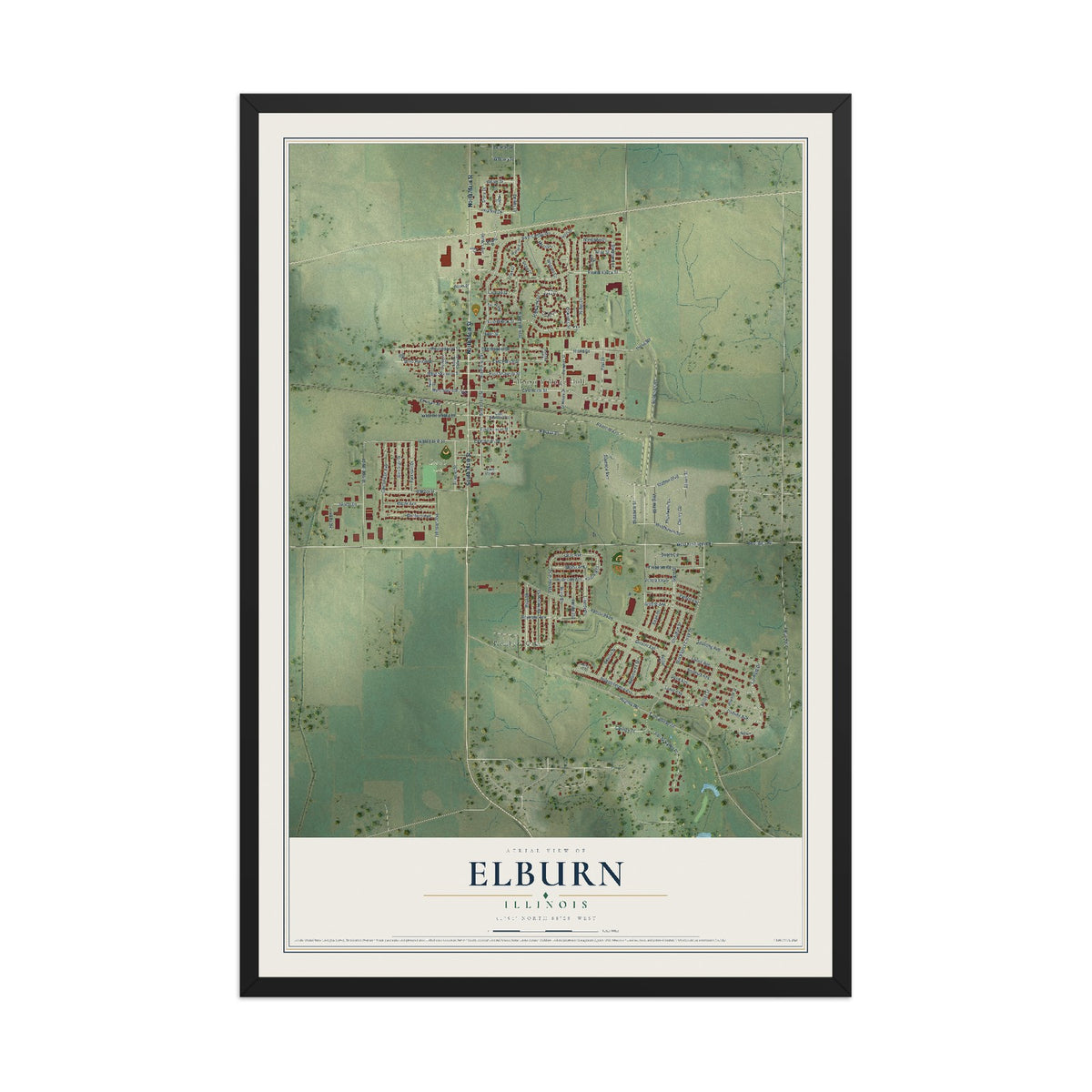 Map of Elburn, Illinois, 12 x 18 inch print in a black wood frame