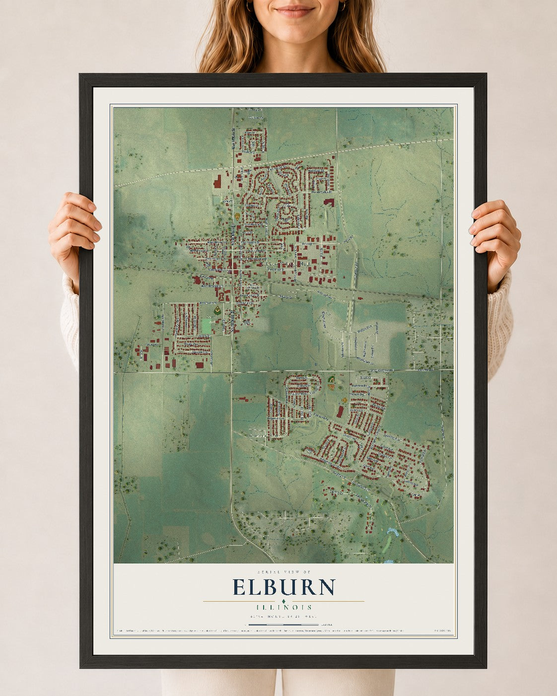Map of Elburn, Illinois, 24 x 36 inch print in a black wood frame