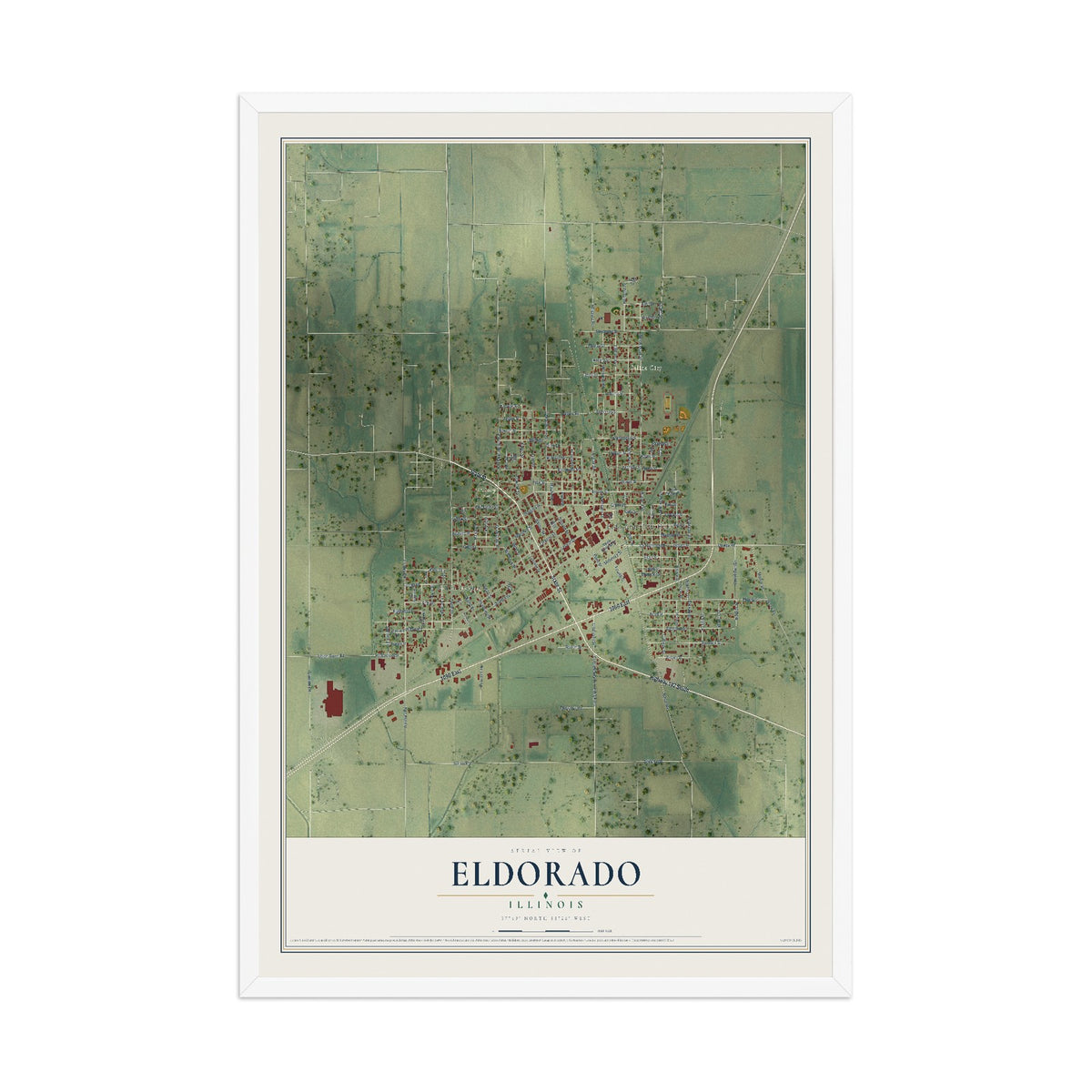 Map of Eldorado, Illinois, 12 x 18 inch print in a white wood frame