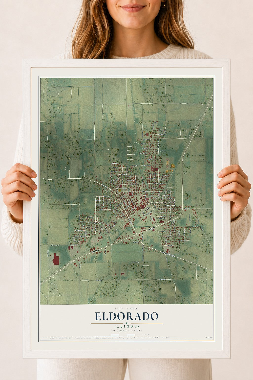 Map of Eldorado, Illinois, 18 x 24 inch print in a white wood frame