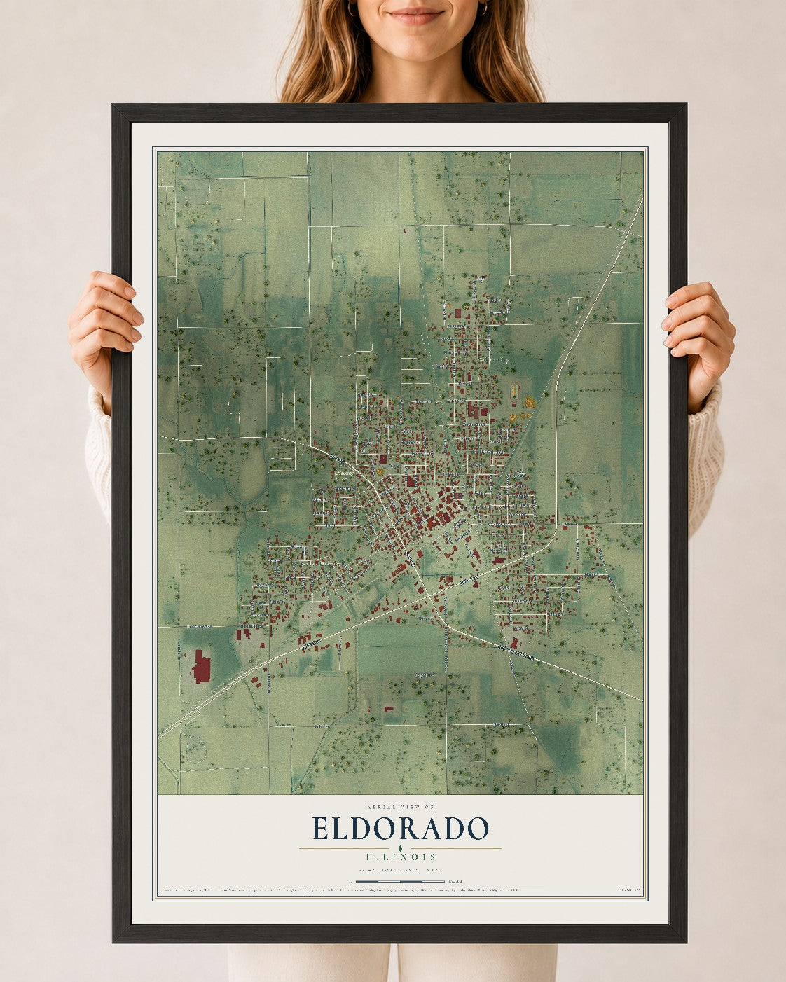 Map of Eldorado, Illinois, 24 x 36 inch print in a black wood frame