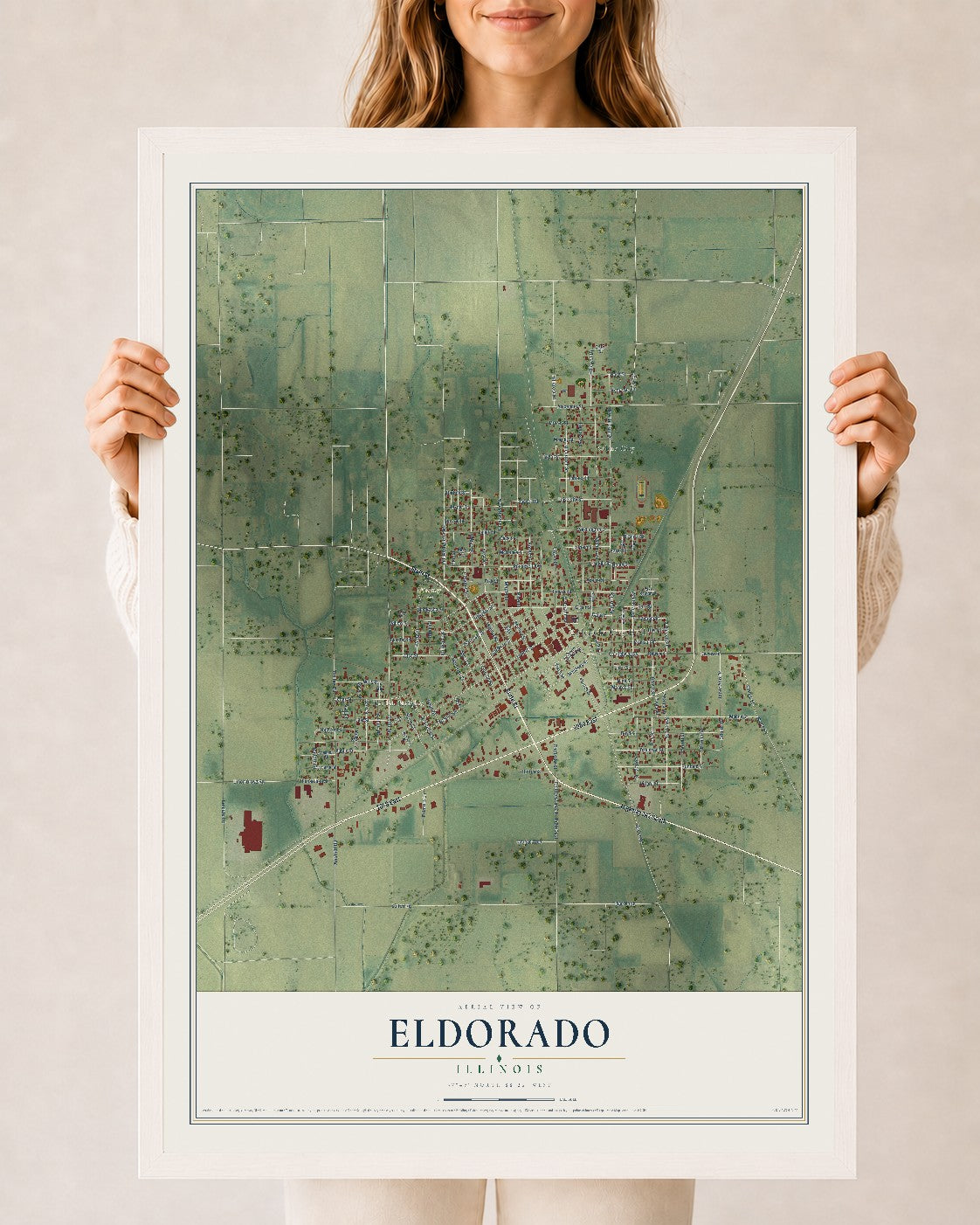 Map of Eldorado, Illinois, 24 x 36 inch print in a white wood frame