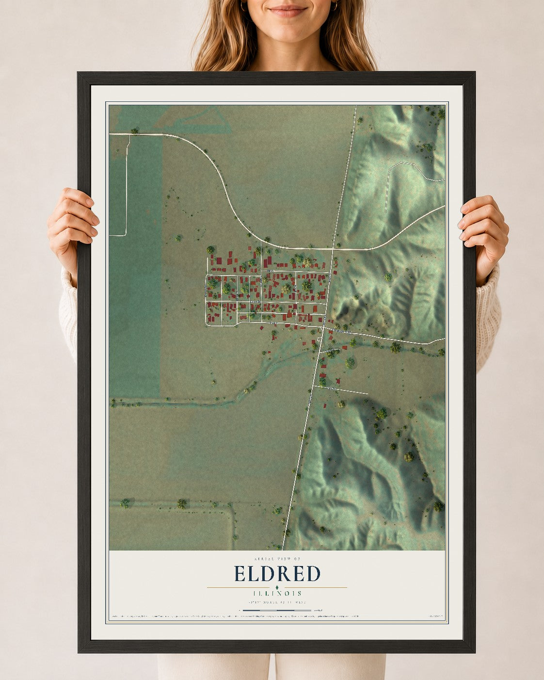 Map of Eldred, Illinois, 24 x 36 inch print in a black wood frame