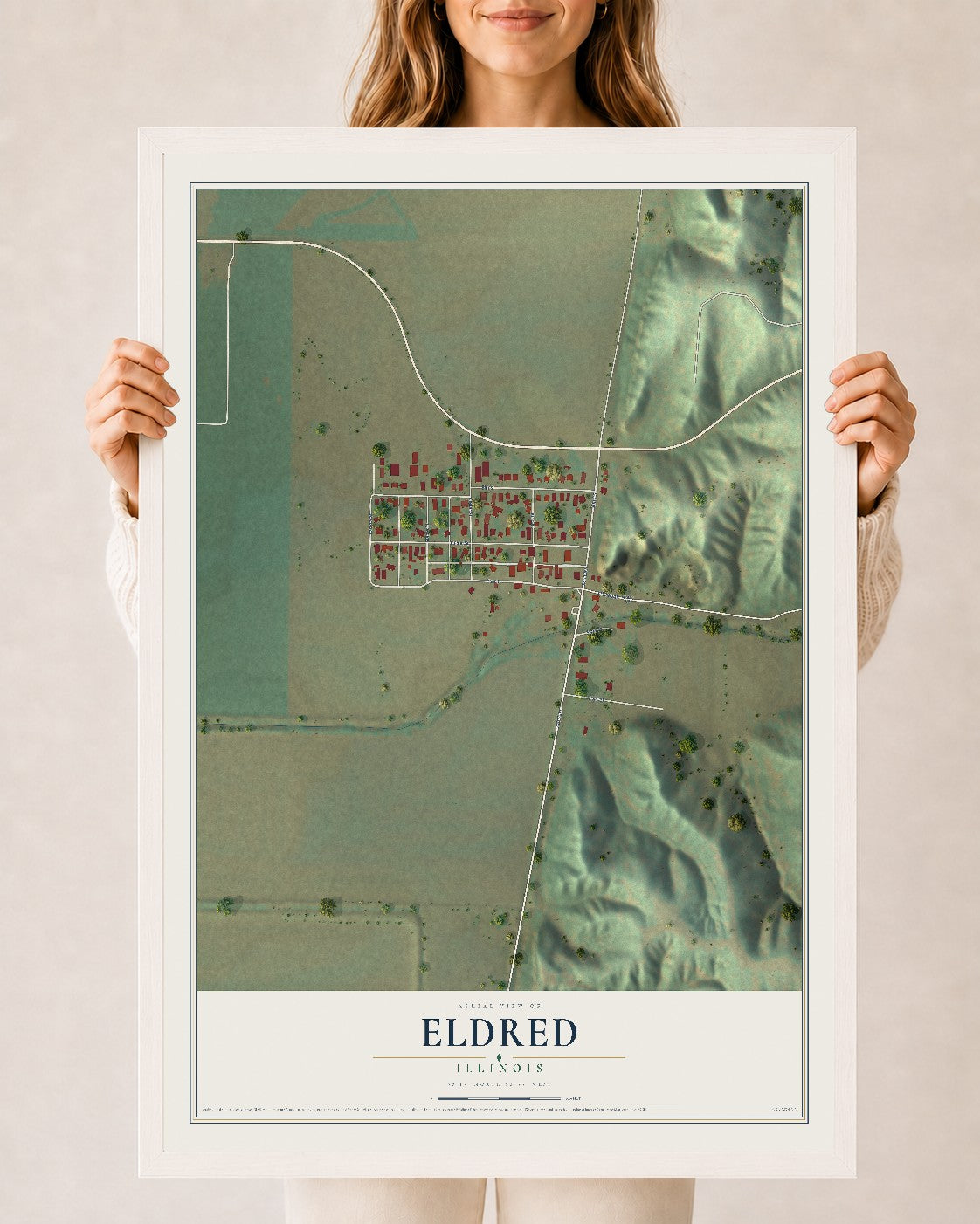 Map of Eldred, Illinois, 24 x 36 inch print in a white wood frame
