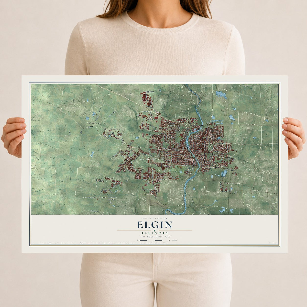 Map of Elgin, Illinois, 12 x 18 inch unframed archival matte print