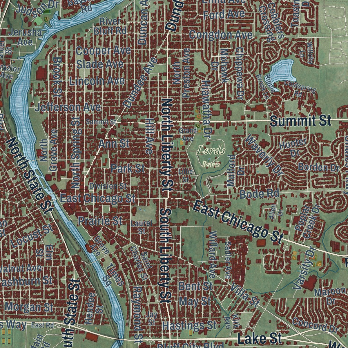 Close-up of the map of Elgin, Illinois print showing street and building detail