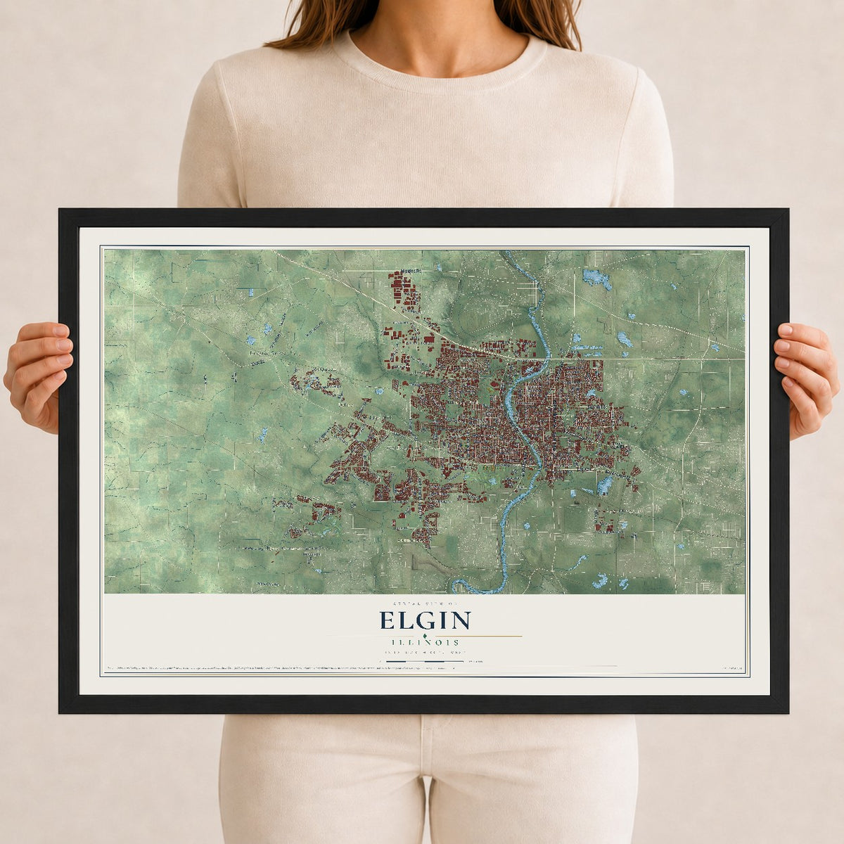 Map of Elgin, Illinois, 12 x 18 inch print in a black wood frame