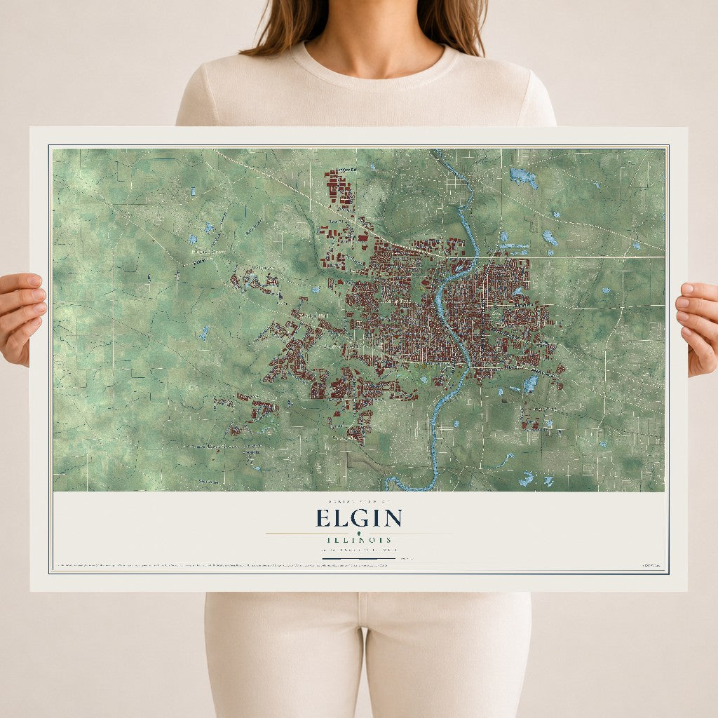 Map of Elgin, Illinois, 18 x 24 inch unframed archival matte print