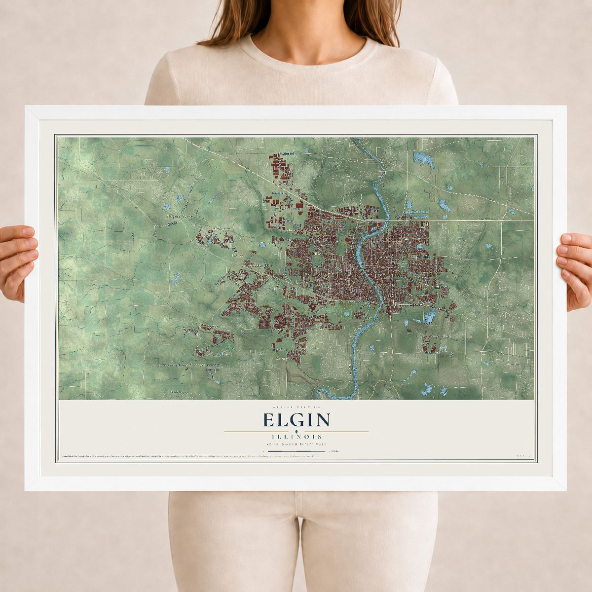 Map of Elgin, Illinois, 18 x 24 inch print in a white wood frame