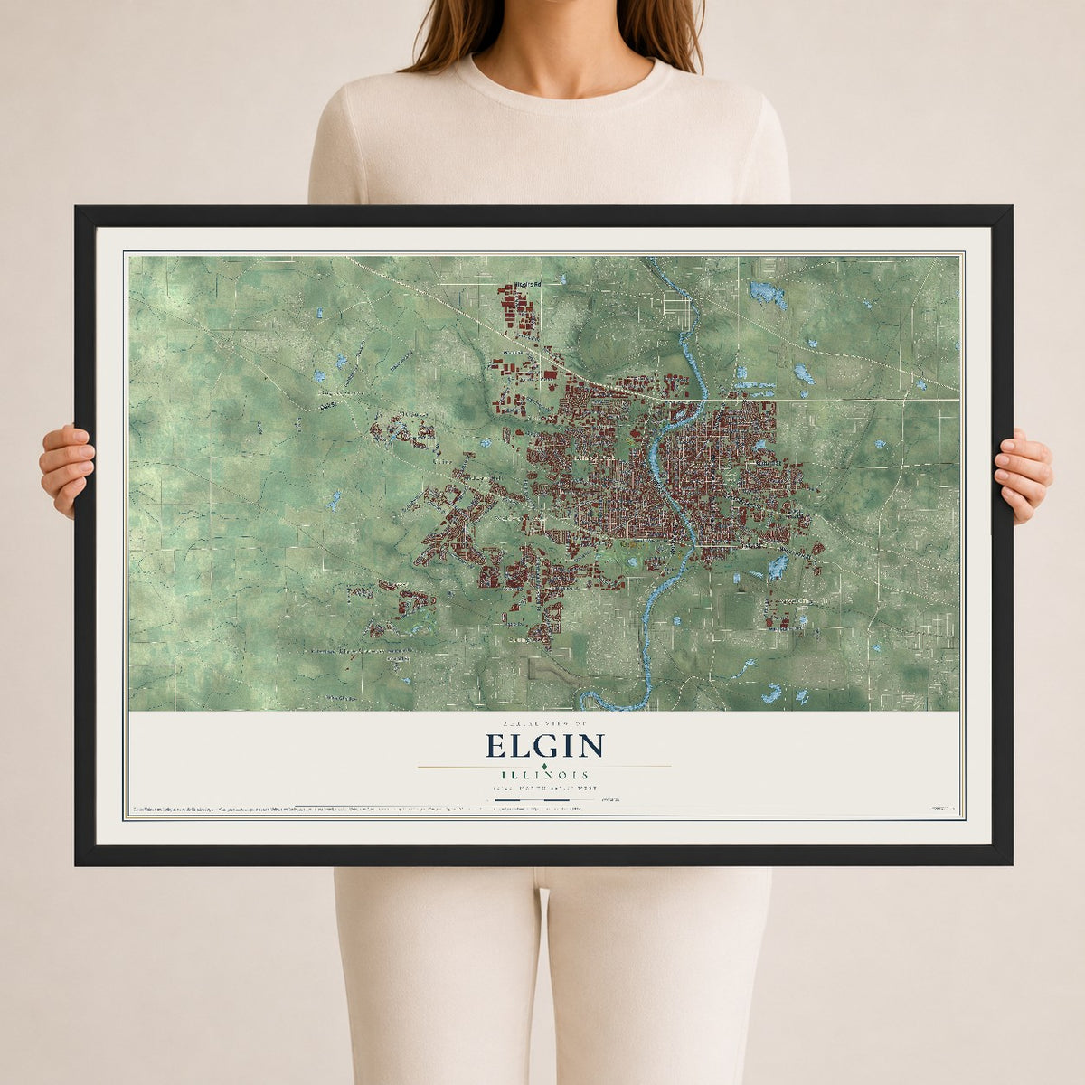 Map of Elgin, Illinois, 24 x 36 inch print in a black wood frame