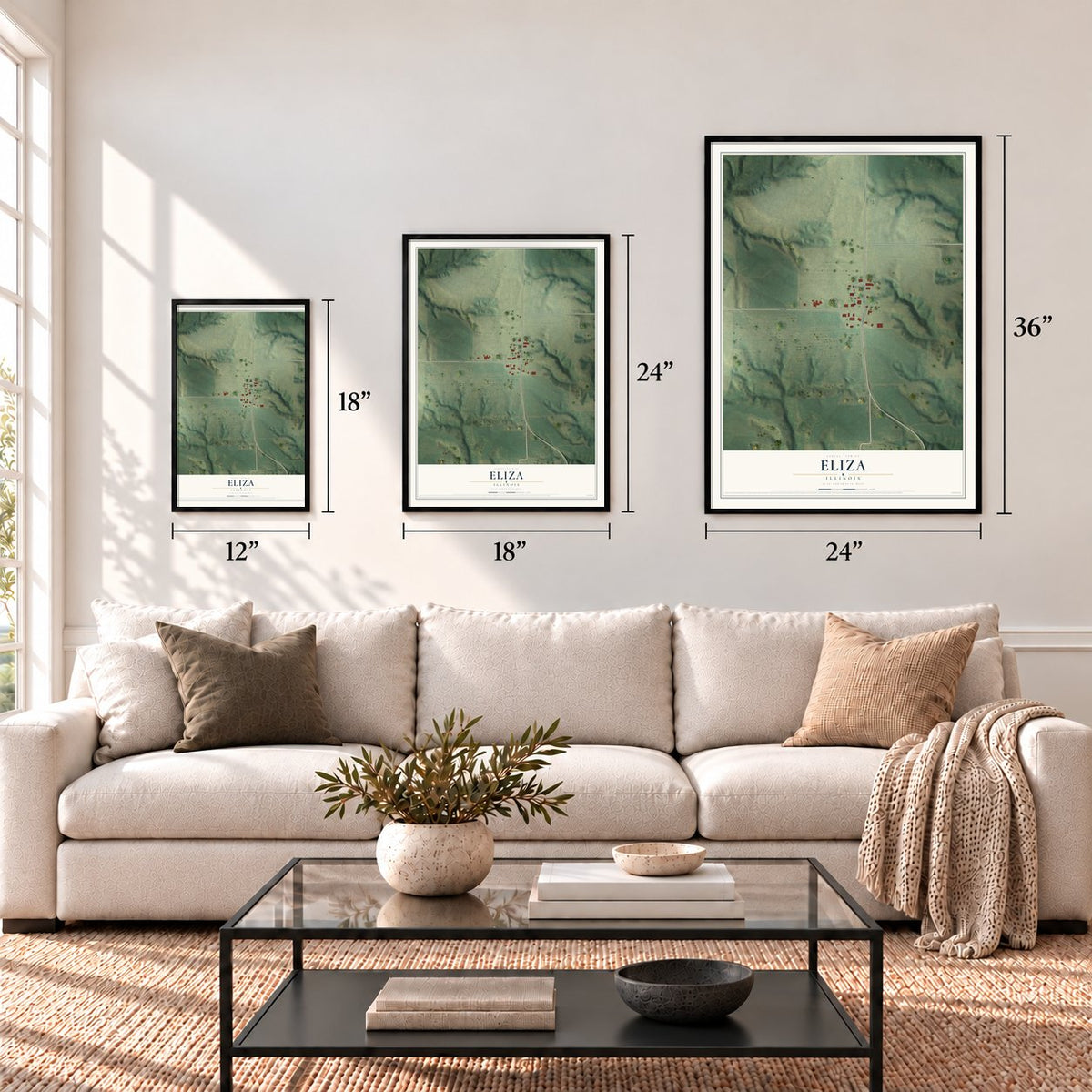 Eliza, Illinois map in 12 x 18, 18 x 24 and 24 x 36 inch sizes above a sofa