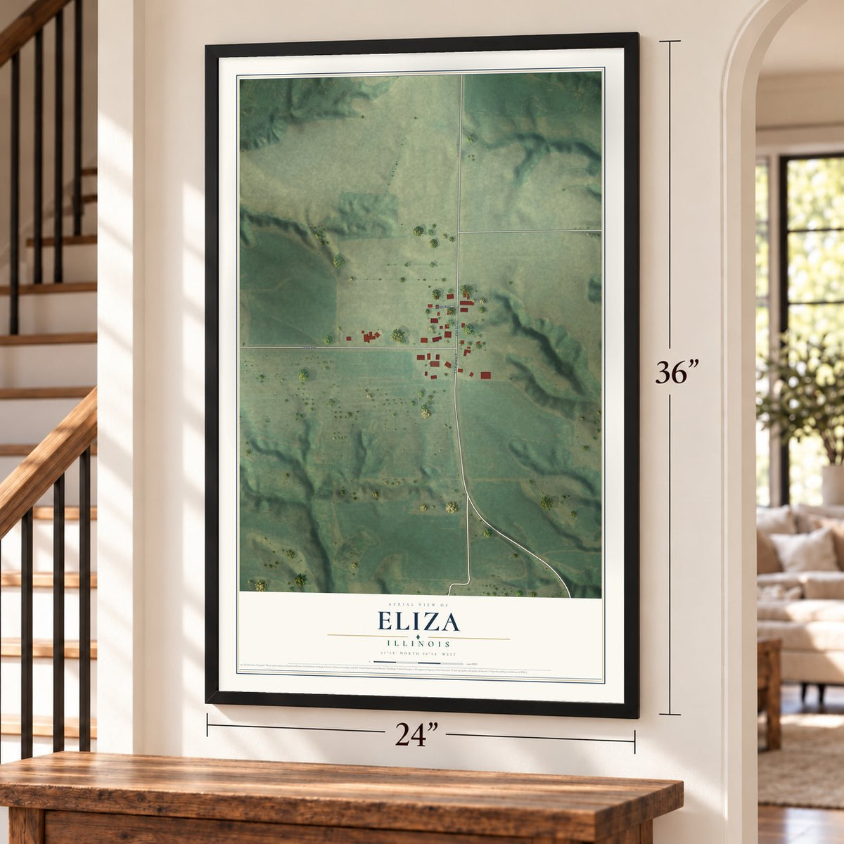 Eliza, Illinois map, 24 x 36 inch print in a black frame by a staircase