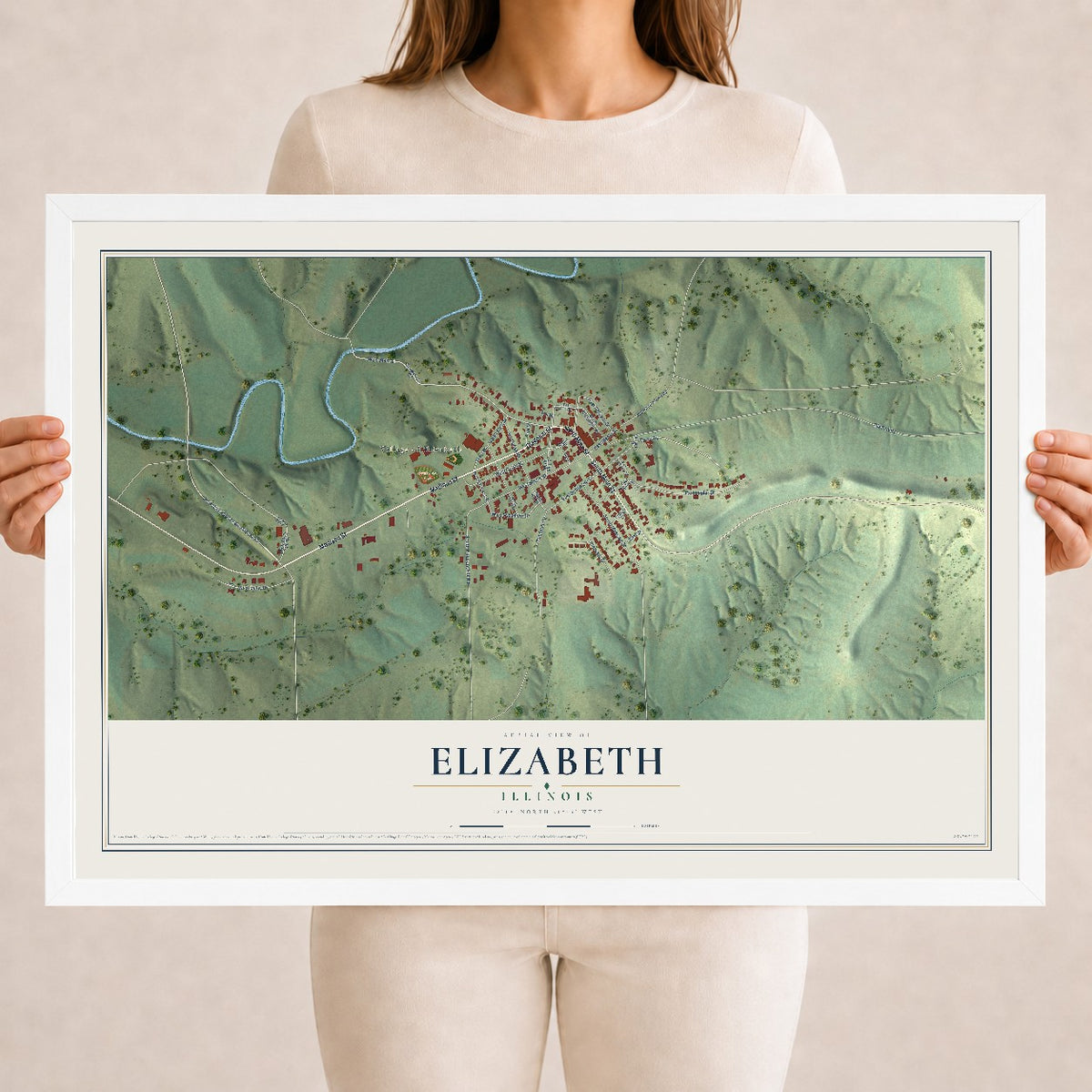 Map of Elizabeth, Illinois, 18 x 24 inch print in a white wood frame