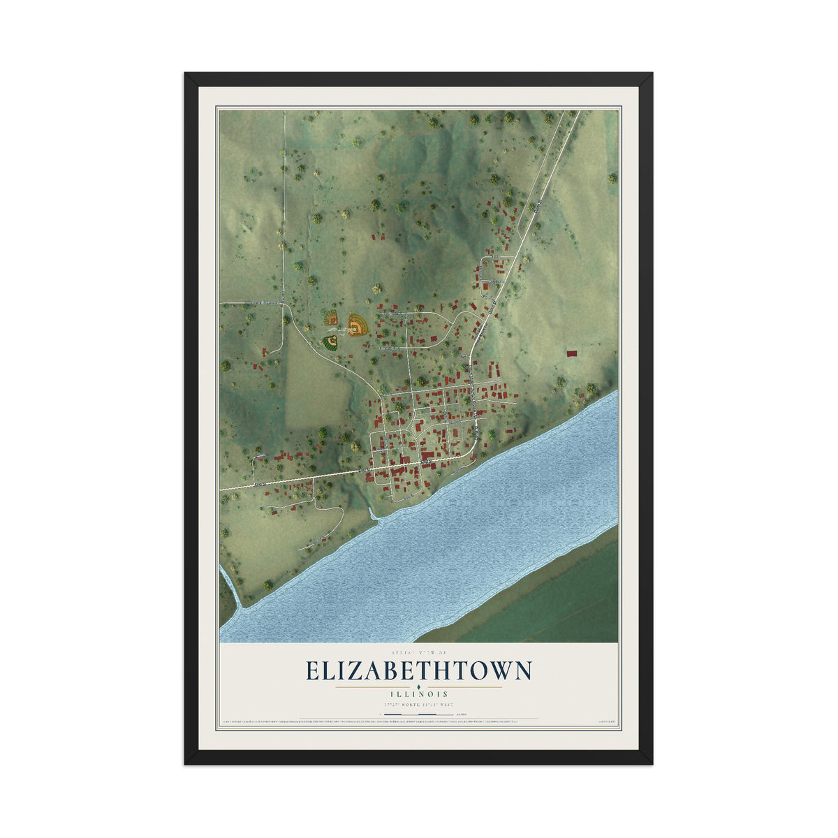 Map of Elizabethtown, Illinois, 12 x 18 inch print in a black wood frame