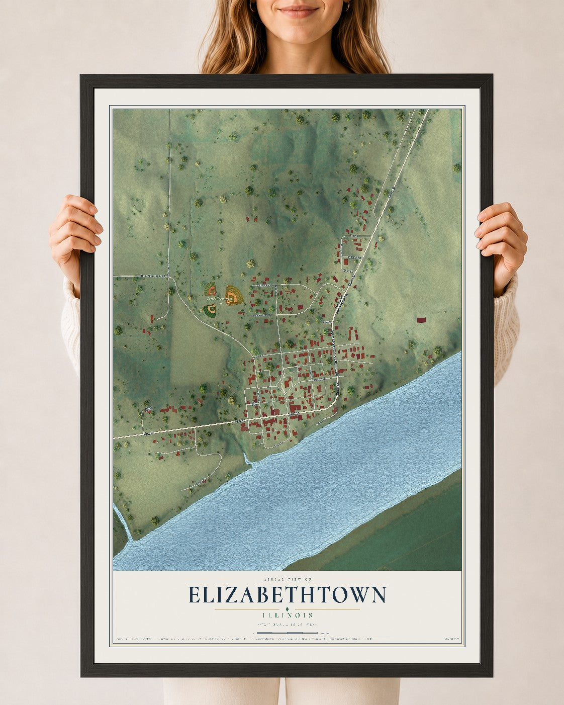 Map of Elizabethtown, Illinois, 24 x 36 inch print in a black wood frame