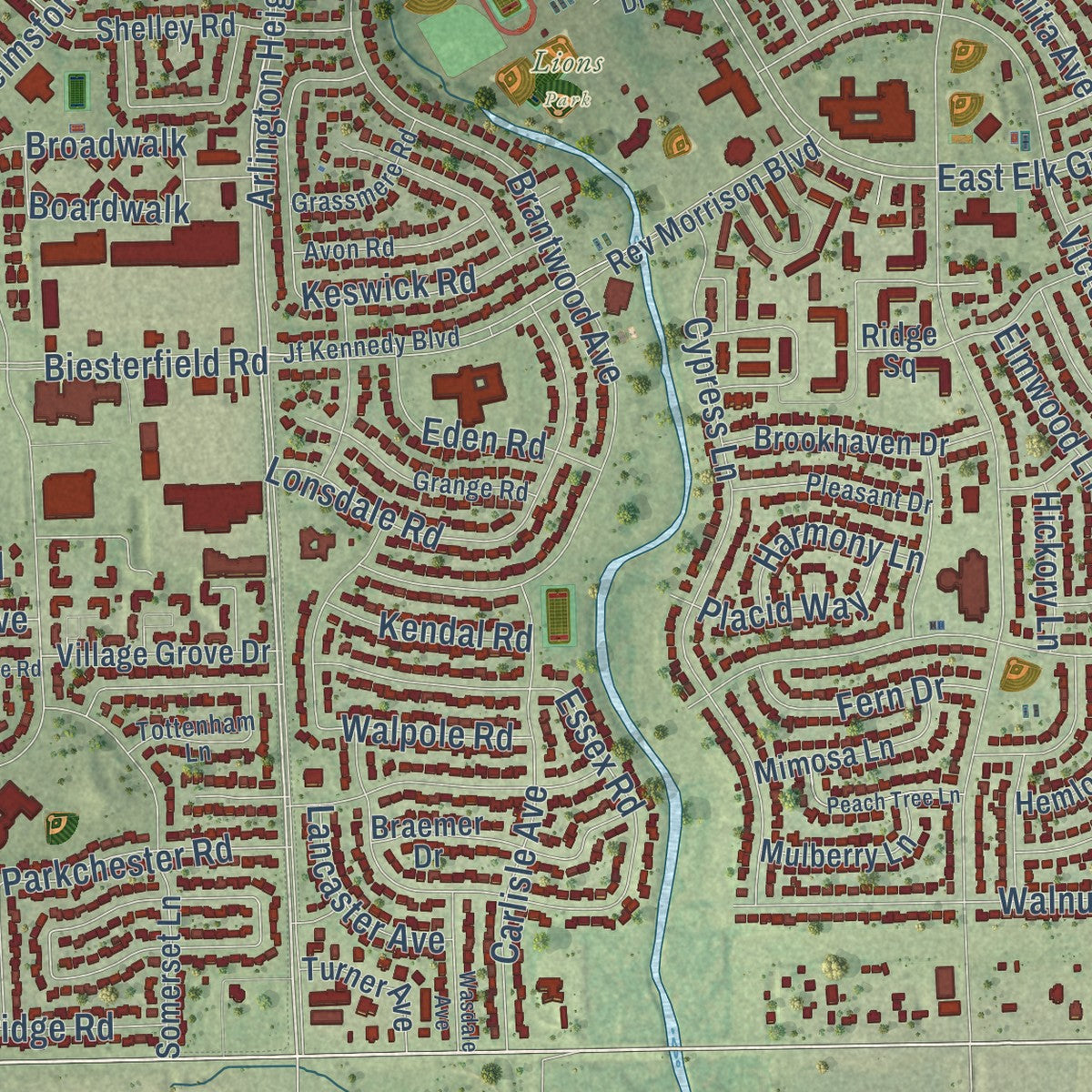 Close-up of the map of Elk Grove Village, Illinois print showing street and building detail