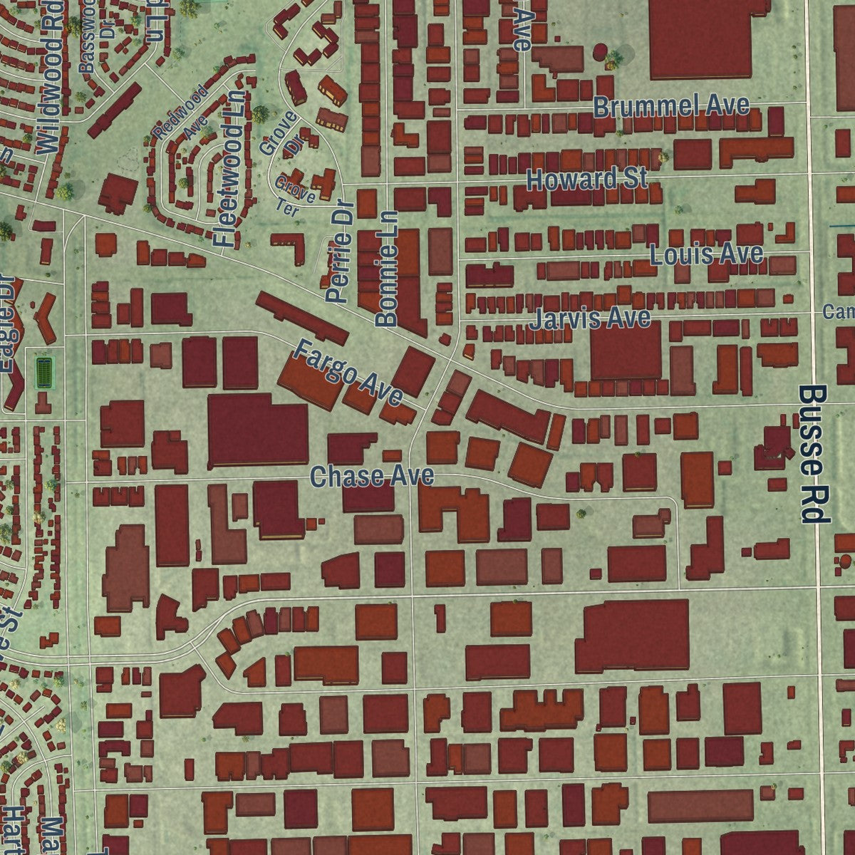 Second close-up of the map of Elk Grove Village, Illinois print showing more streets and buildings