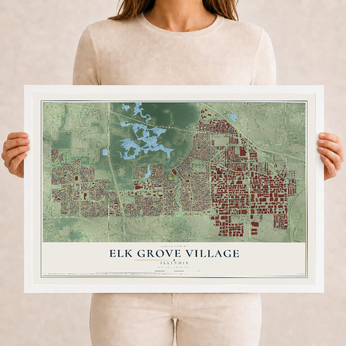 Map of Elk Grove Village, Illinois, 12 x 18 inch print in a white wood frame
