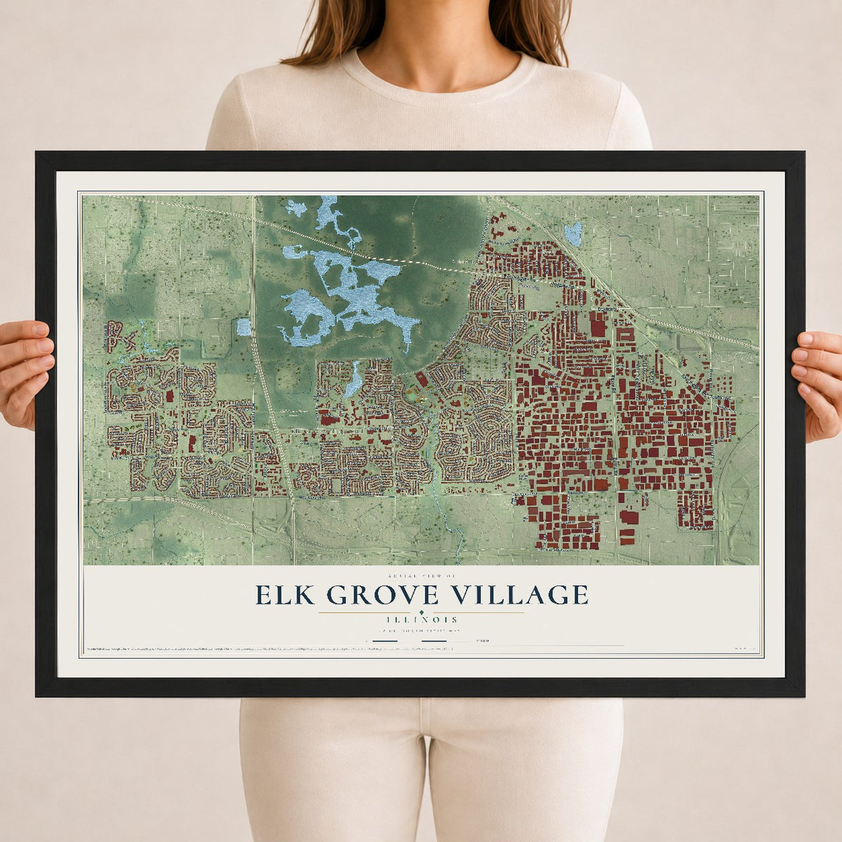 Map of Elk Grove Village, Illinois, 18 x 24 inch print in a black wood frame