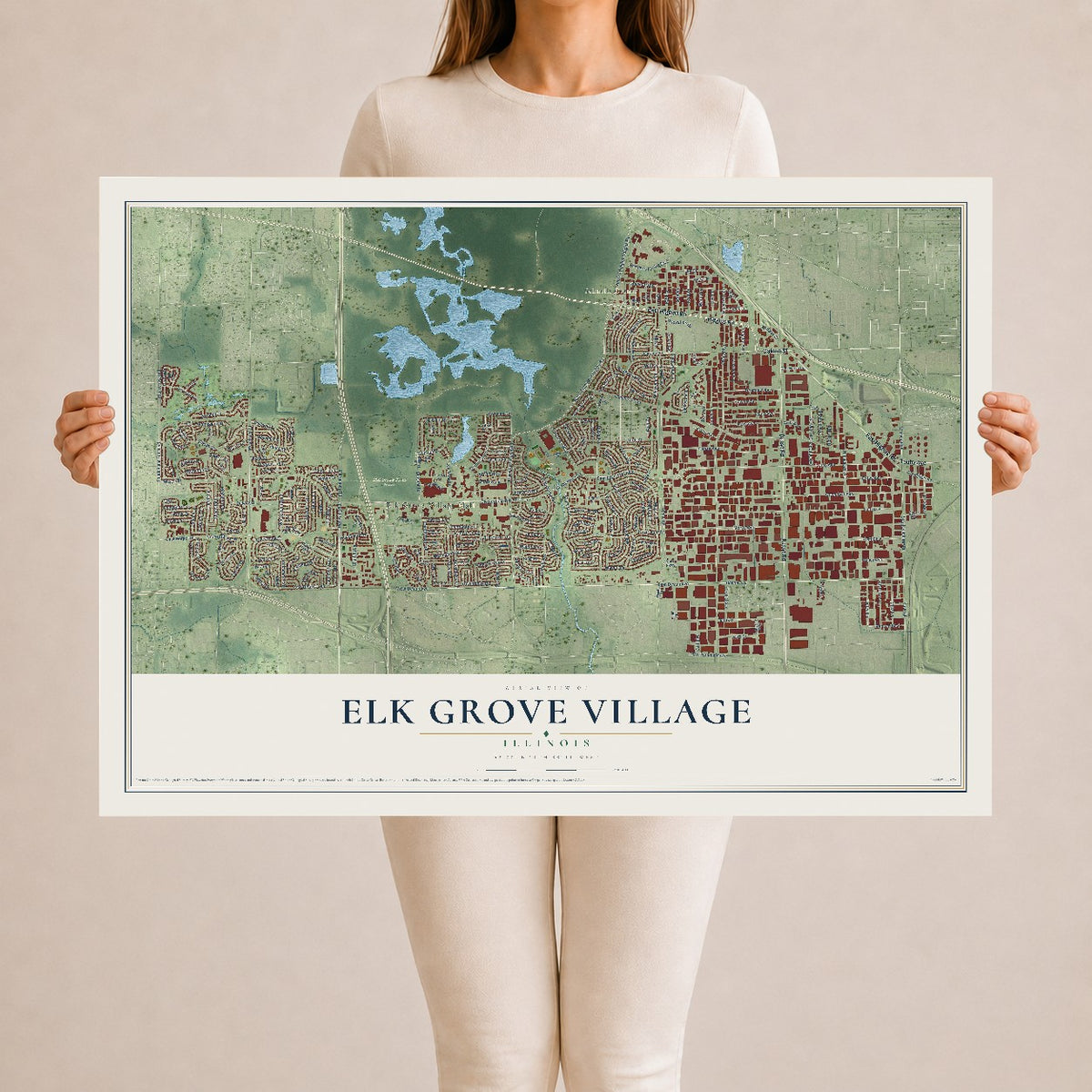 Map of Elk Grove Village, Illinois, 24 x 36 inch unframed archival matte print