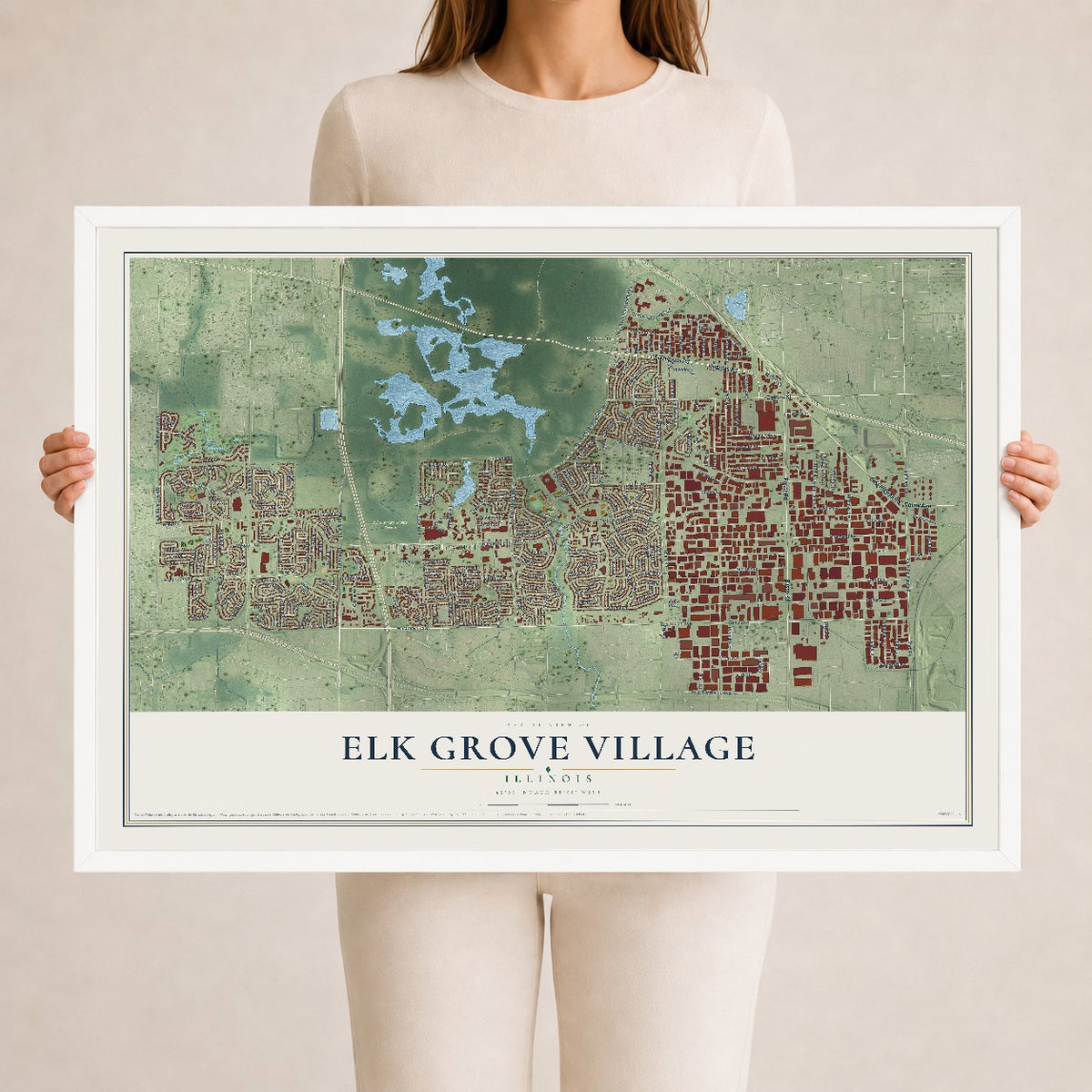 Map of Elk Grove Village, Illinois, 24 x 36 inch print in a white wood frame