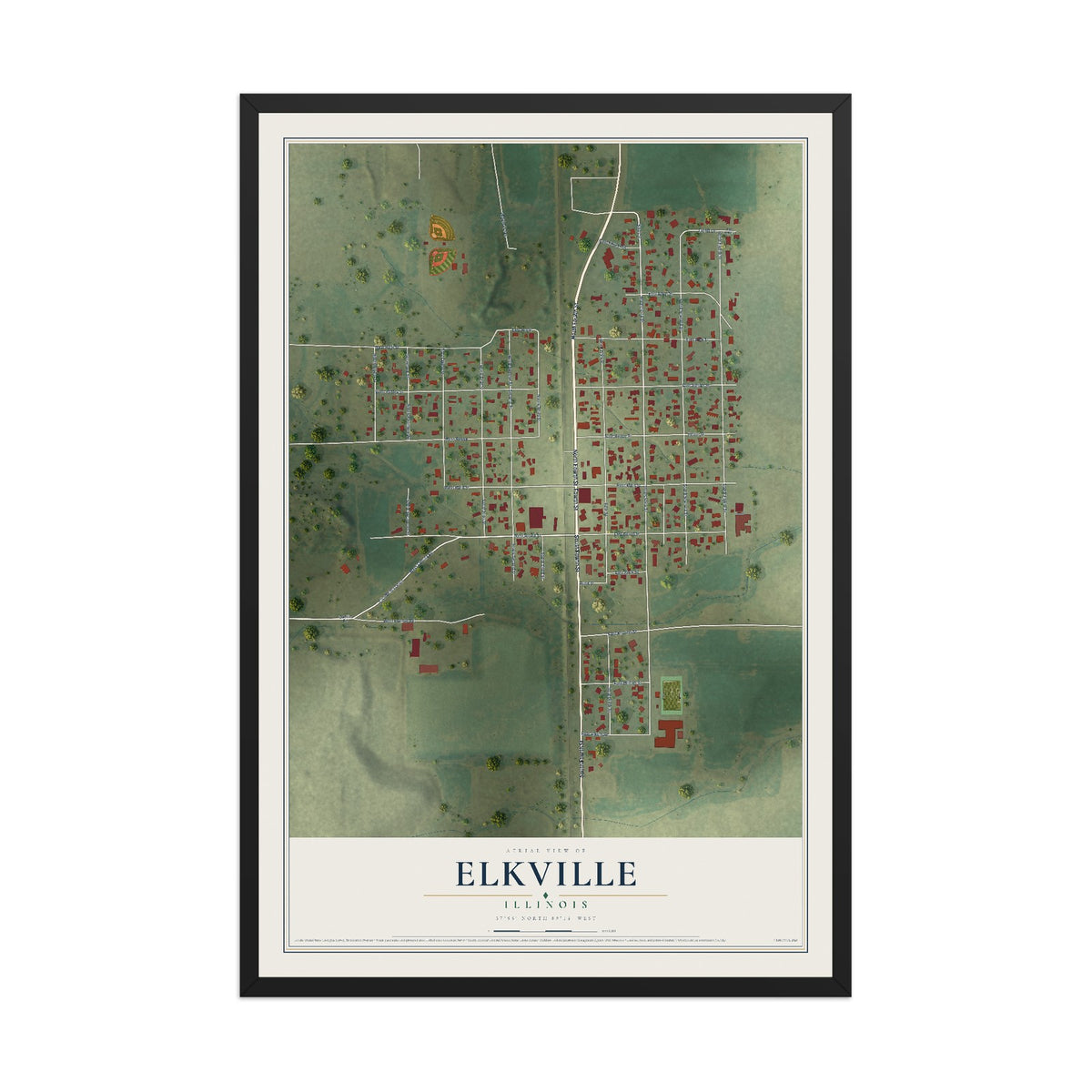 Map of Elkville, Illinois, 12 x 18 inch print in a black wood frame