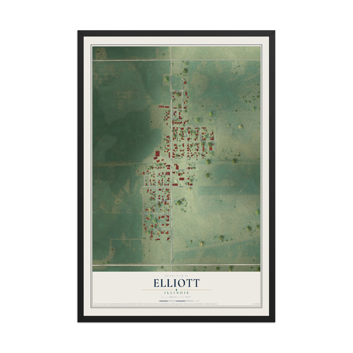 Map of Elliott, Illinois, 12 x 18 inch print in a black wood frame