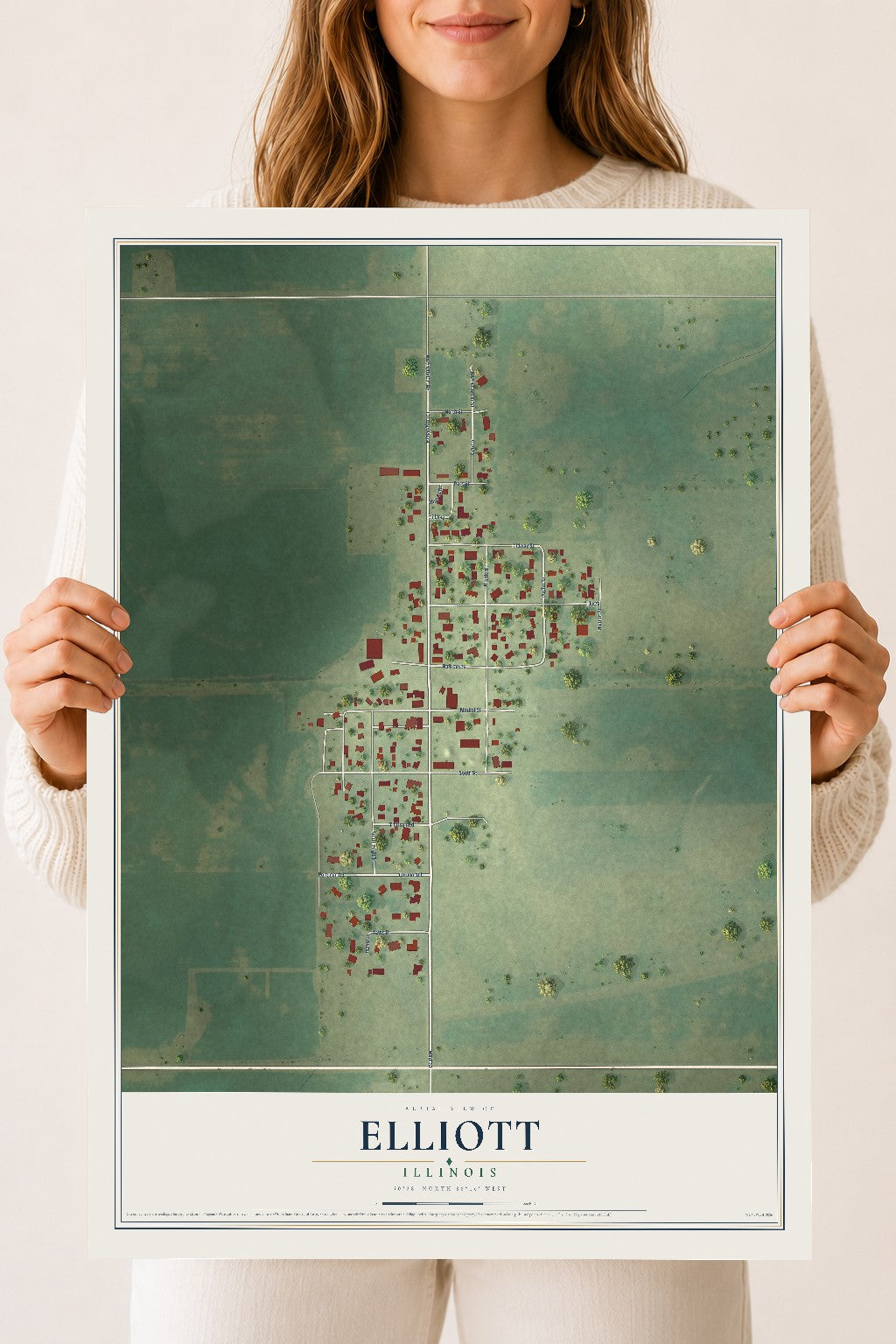 Map of Elliott, Illinois, 18 x 24 inch unframed archival matte print