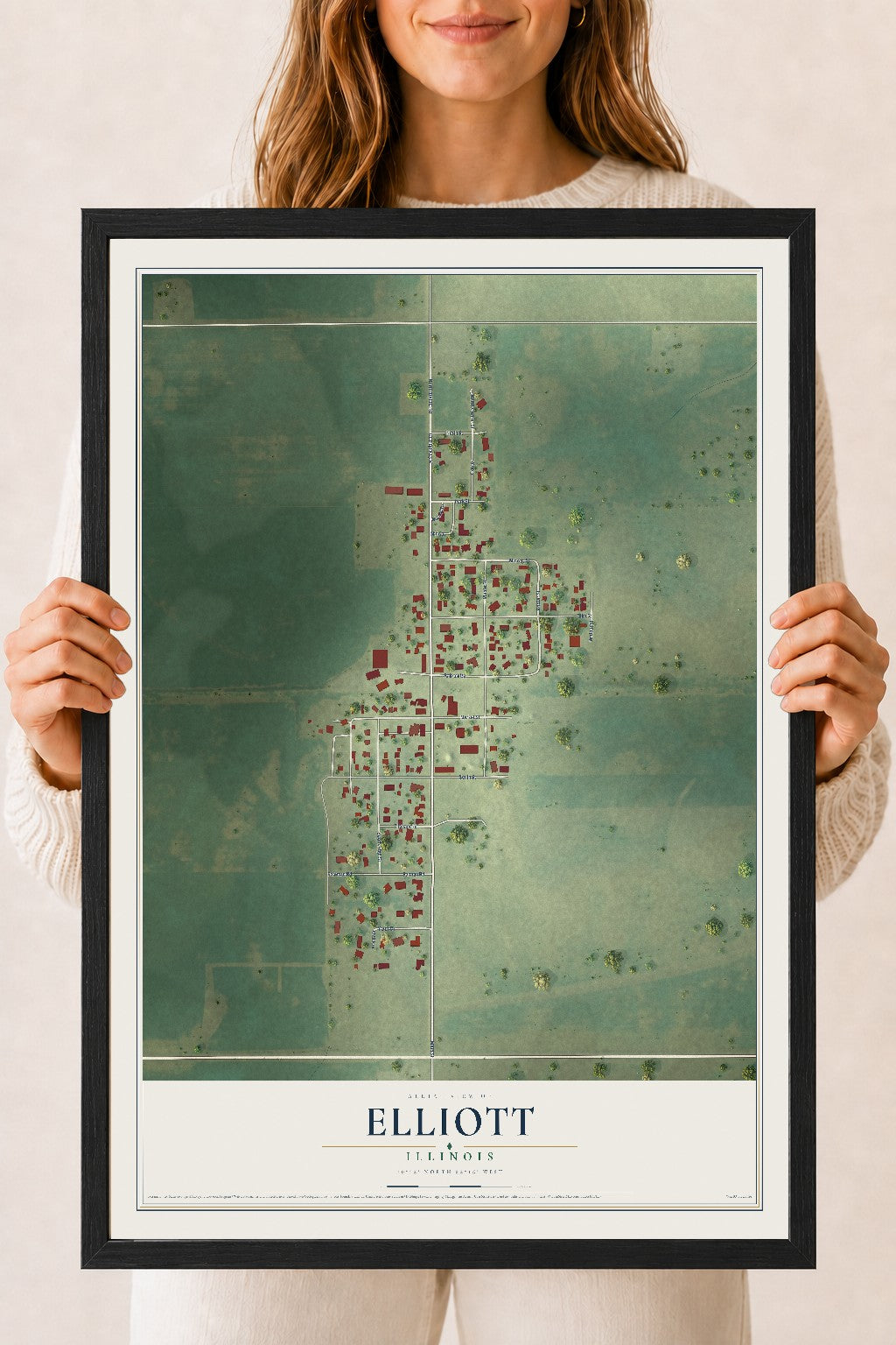 Map of Elliott, Illinois, 18 x 24 inch print in a black wood frame