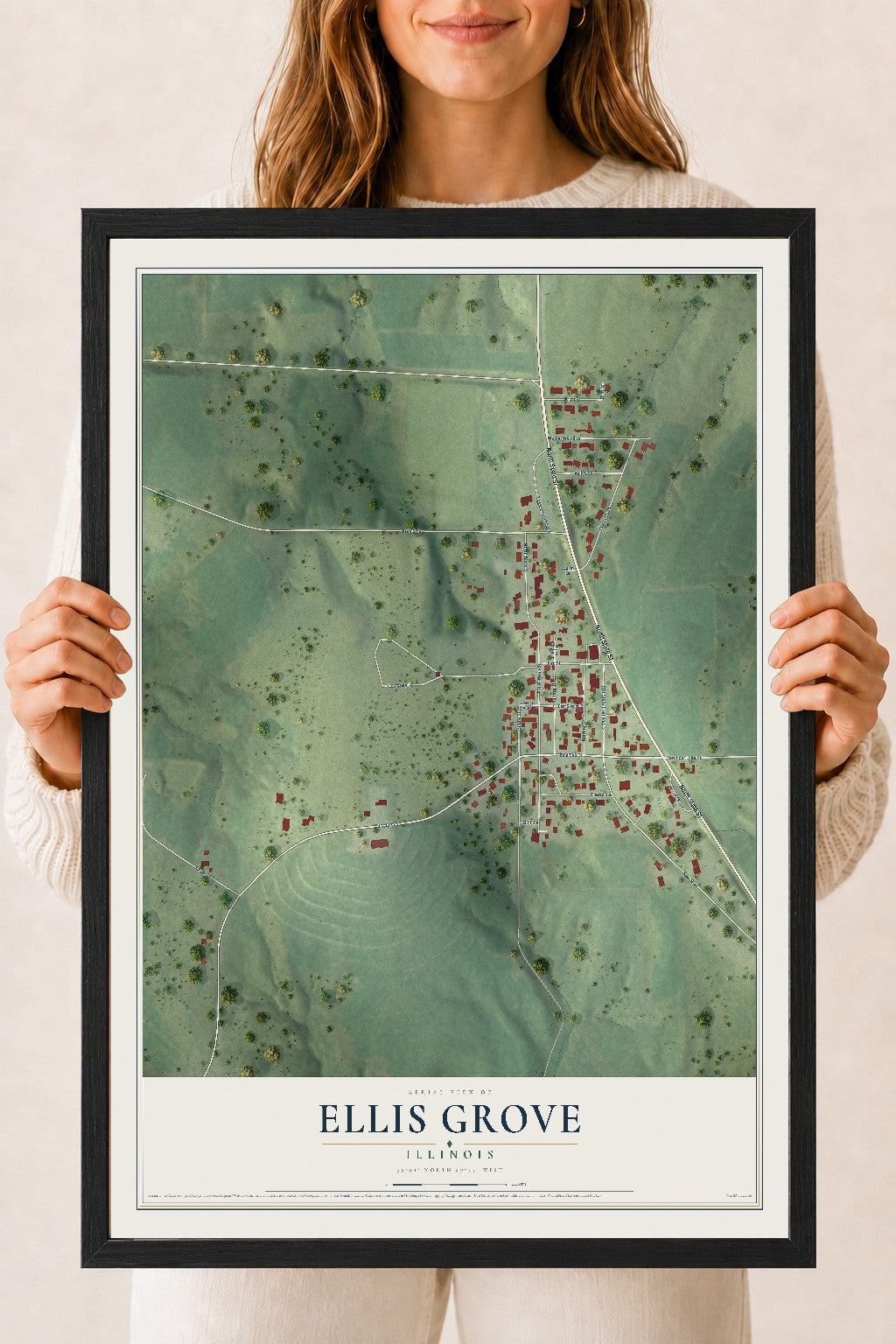 Map of Ellis Grove, Illinois, 18 x 24 inch print in a black wood frame