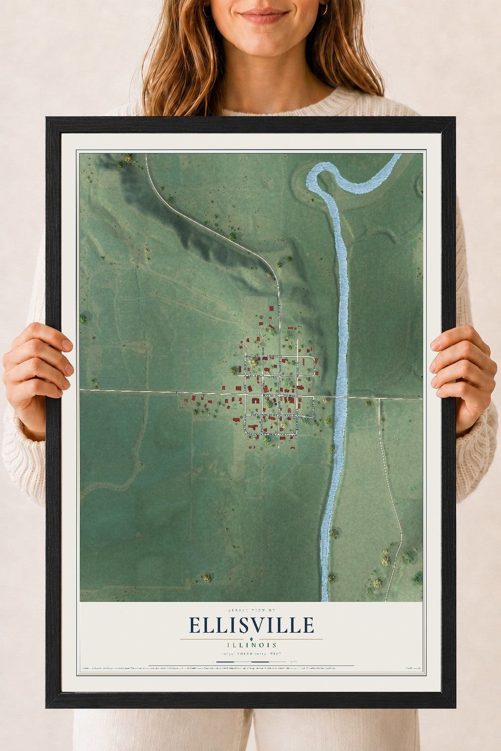 Map of Ellisville, Illinois, 18 x 24 inch print in a black wood frame