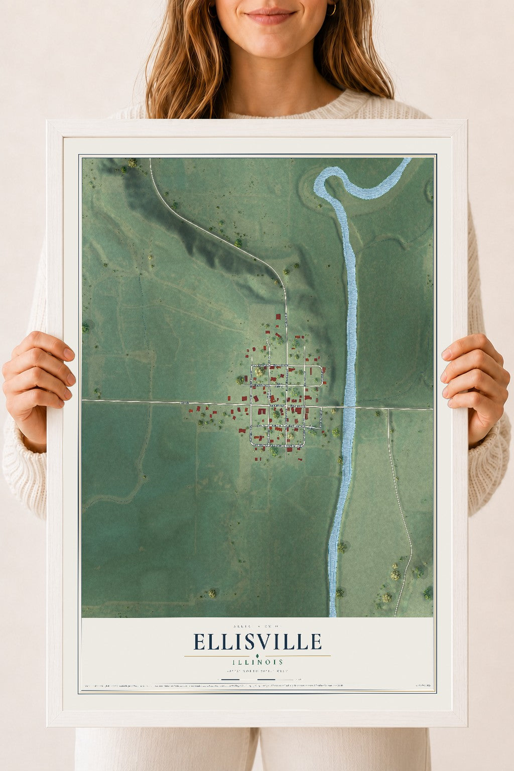 Map of Ellisville, Illinois, 18 x 24 inch print in a white wood frame